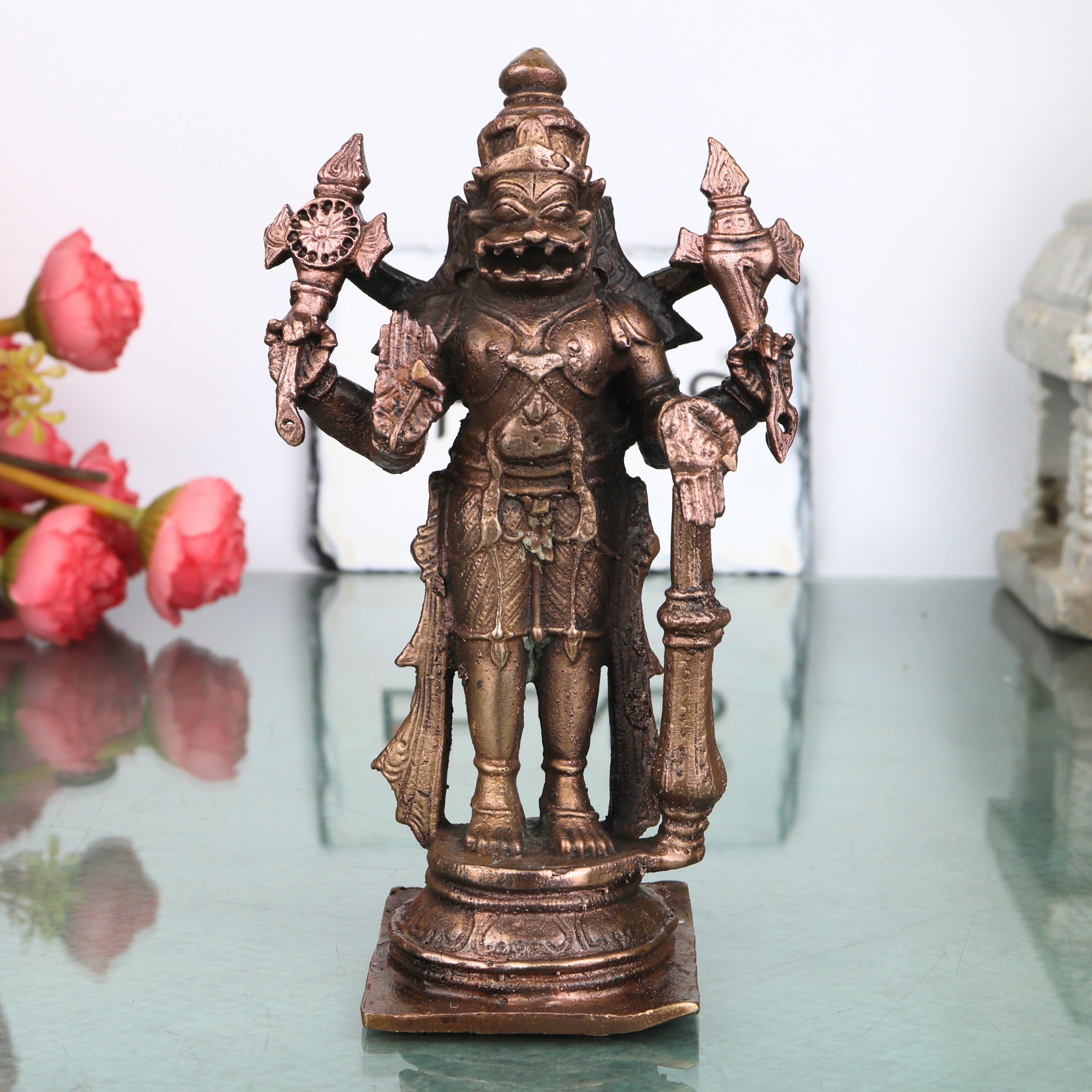 Handcrafted Copper Narasimha Idol, Lakshmi Narasimha Murti for Pooja, Vastu, Home Temple &amp; Spiritual Decor, Brown, 6.5 Inch, 1 Piece