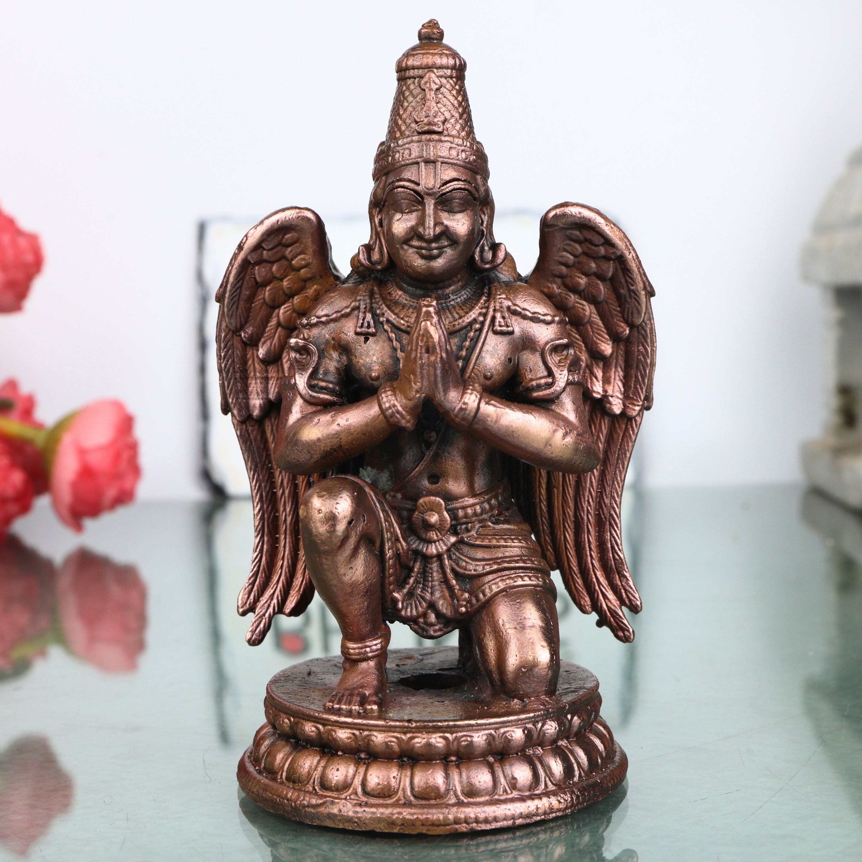 Handcrafted Copper Garuda Idol, Vainateya Vishnuvahana Garutman Murti for Pooja, Temple &amp; Spiritual Decor, Brown, 4.5 Inch, 1 Piece