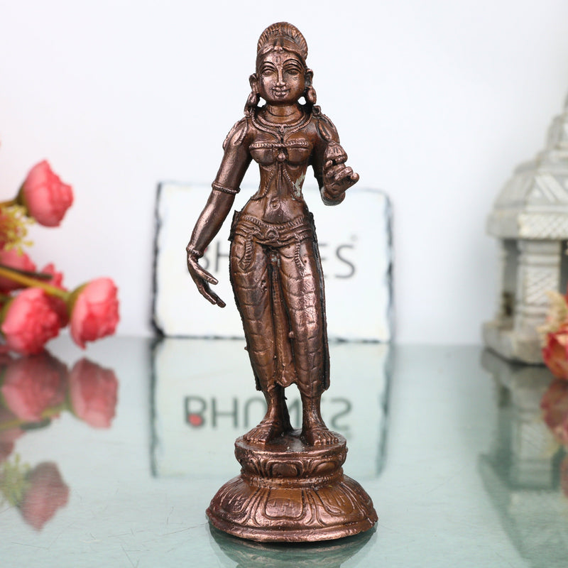 Copper Parvati Idol Handcrafted Uma Gauri Ambika Traditional Chola Murti for Pooja, Home Decor & Gifting, Brown, 5 Inch, 1 Piece