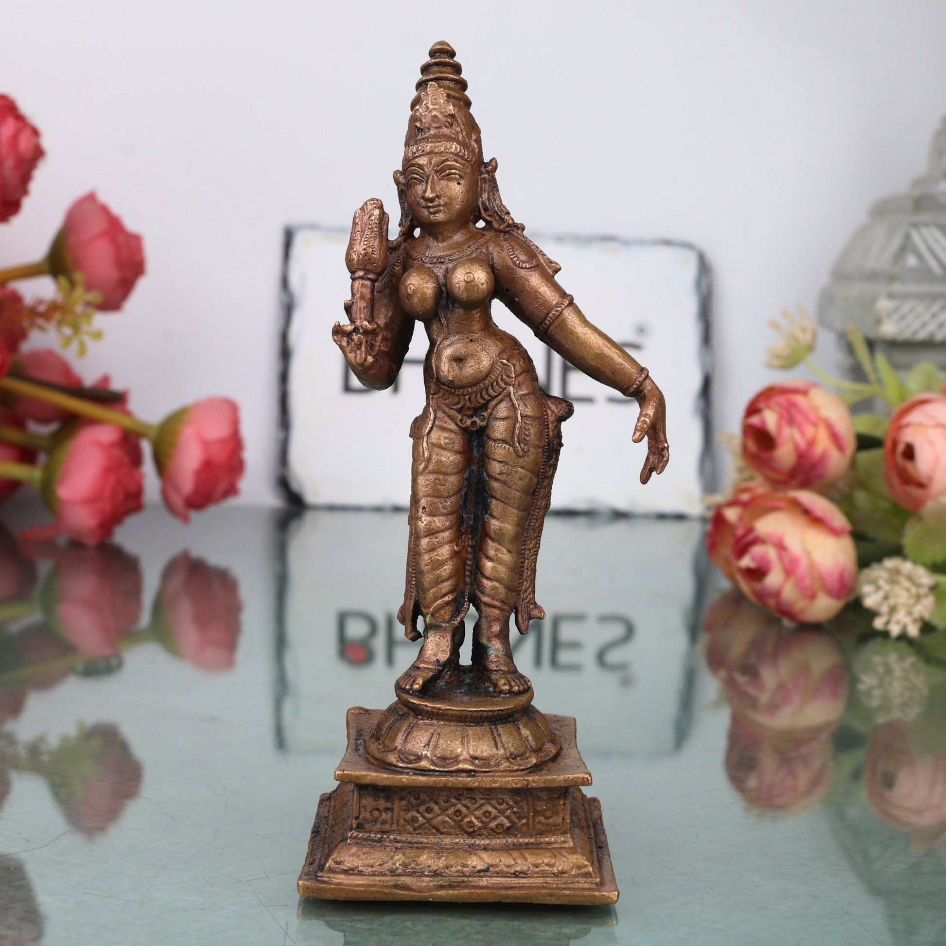 Copper Shridevi Idol Handcrafted Sri Devi Mahalakshmi Murti Traditional Chola Statue for Pooja Decor & Gifting , Brown, 5 Inch, 1 Piece