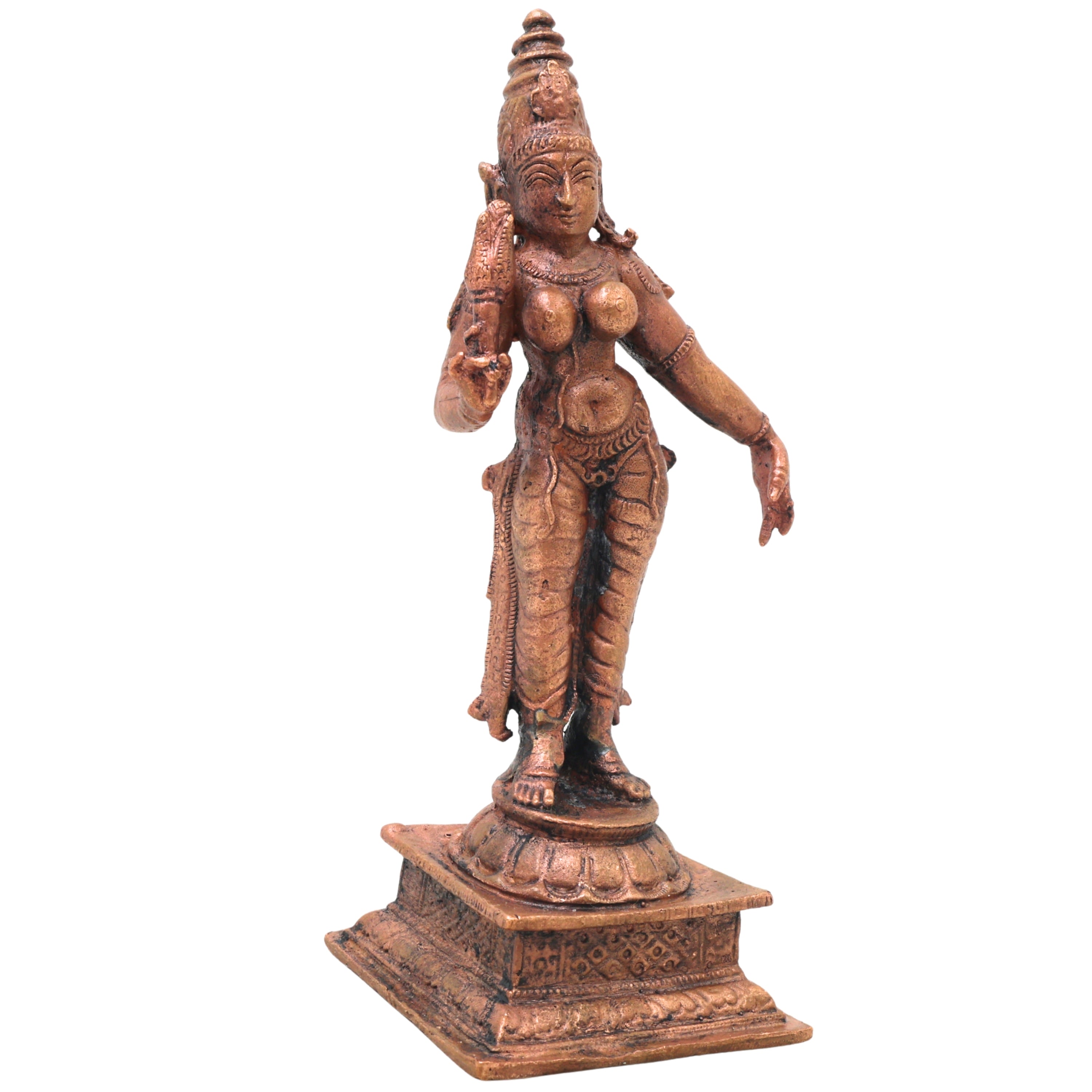 Copper Shridevi Idol Handcrafted Sri Devi Mahalakshmi Murti Traditional Chola Statue for Pooja Decor & Gifting , Brown, 5 Inch, 1 Piece