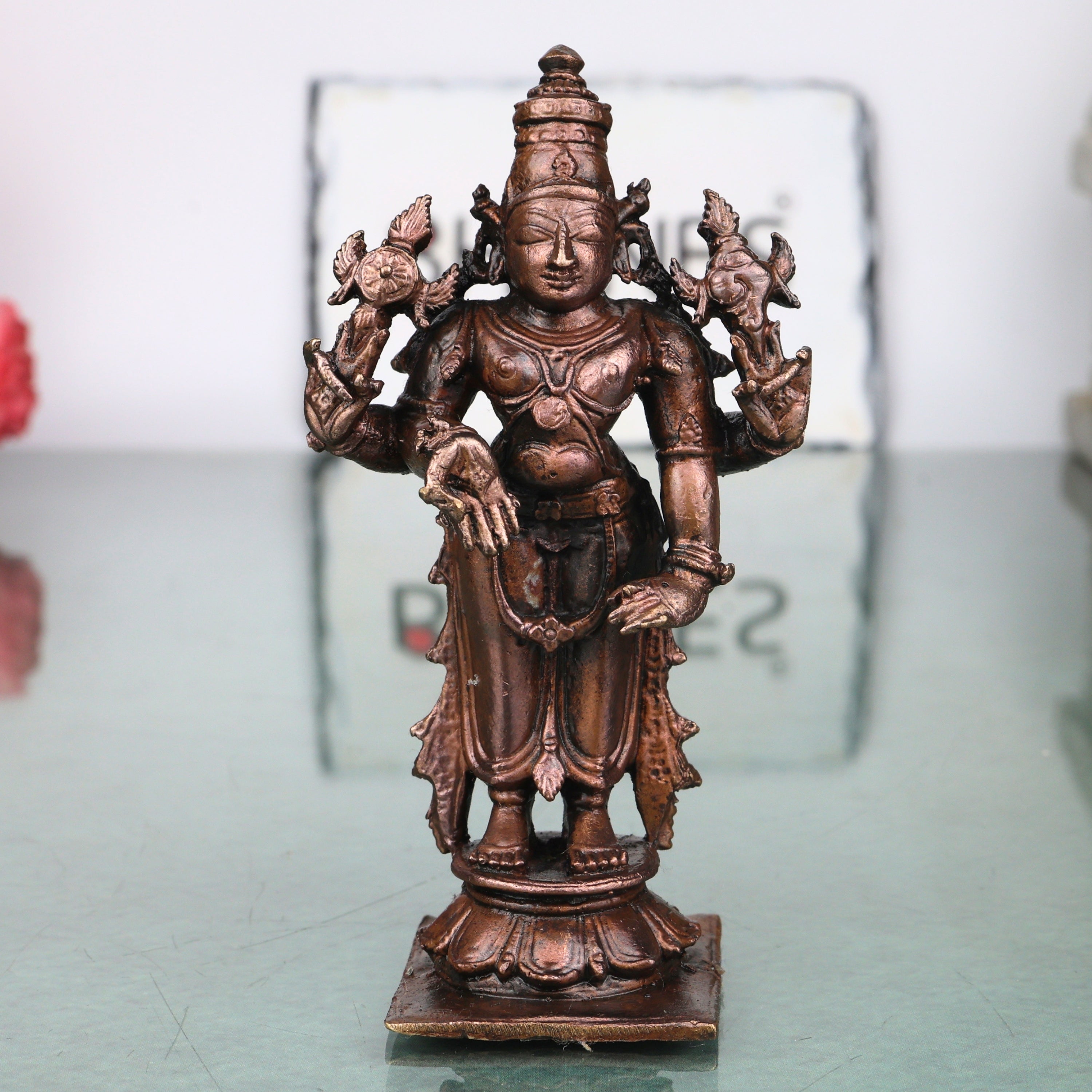 Copper Vishnu Idol Handcrafted Sri Vishnu Murti Narayana Perumal Statue for Pooja, Temple, Vastu &amp; Spiritual Home Decor, Brown, 4 Inch, 1 Piece