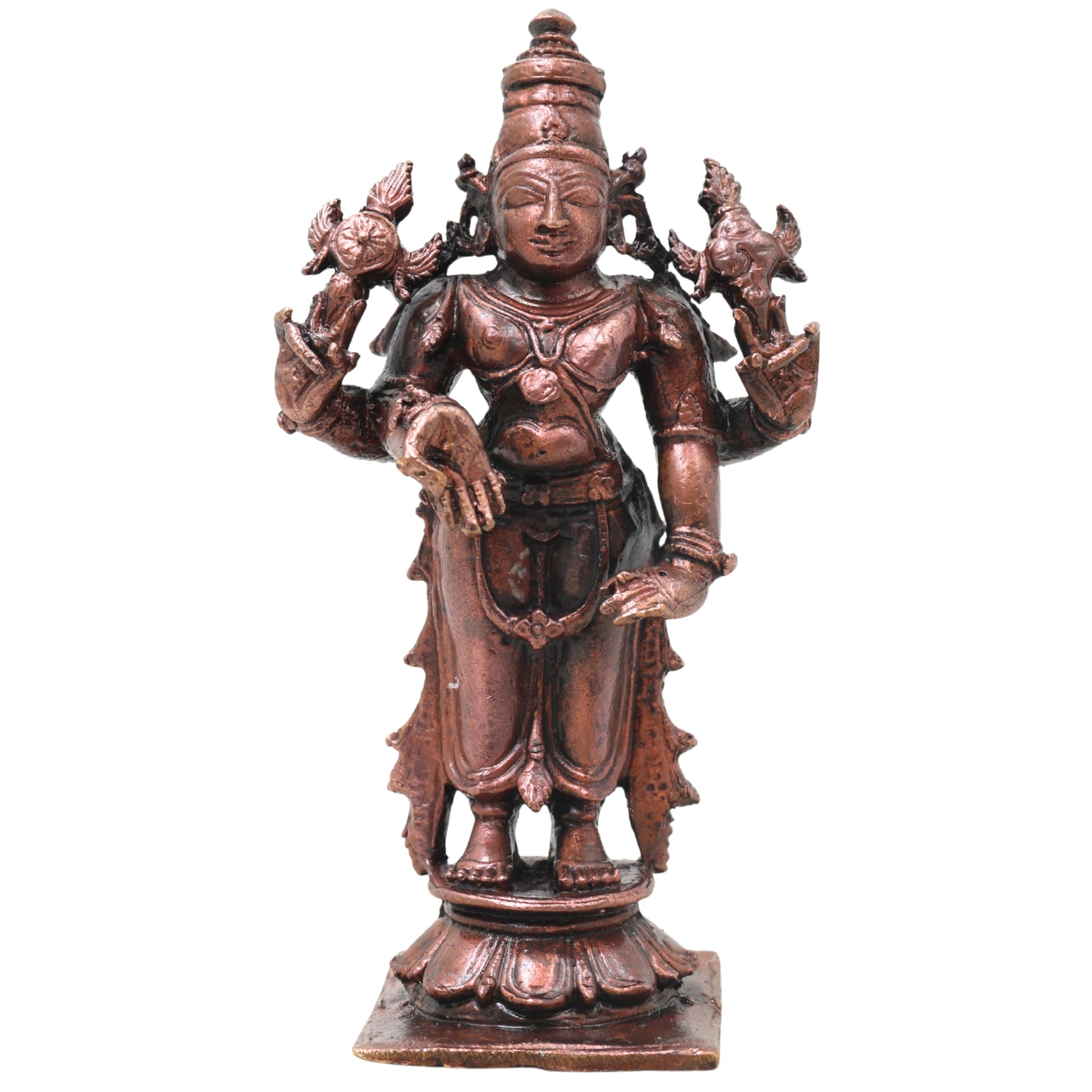 Copper Vishnu Idol Handcrafted Sri Vishnu Murti Narayana Perumal Statue for Pooja, Temple, Vastu &amp; Spiritual Home Decor, Brown, 4 Inch, 1 Piece