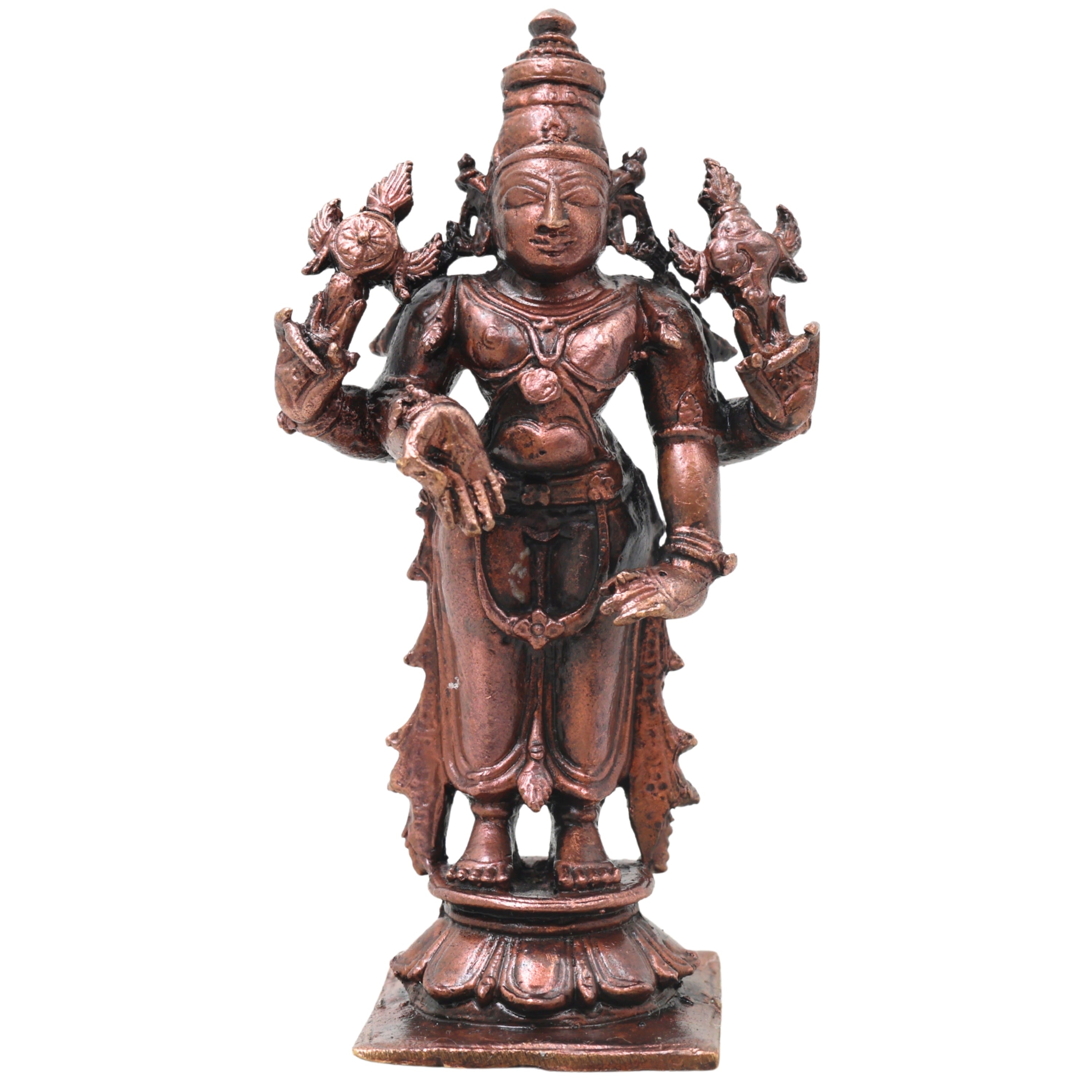 Copper Vishnu Idol Handcrafted Sri Vishnu Murti Narayana Perumal Statue for Pooja, Temple, Vastu &amp; Spiritual Home Decor, Brown, 4 Inch, 1 Piece