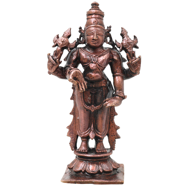 Copper Vishnu Idol Handcrafted Sri Vishnu Murti Narayana Perumal Statue for Pooja, Temple, Vastu &amp; Spiritual Home Decor, Brown, 4 Inch, 1 Piece