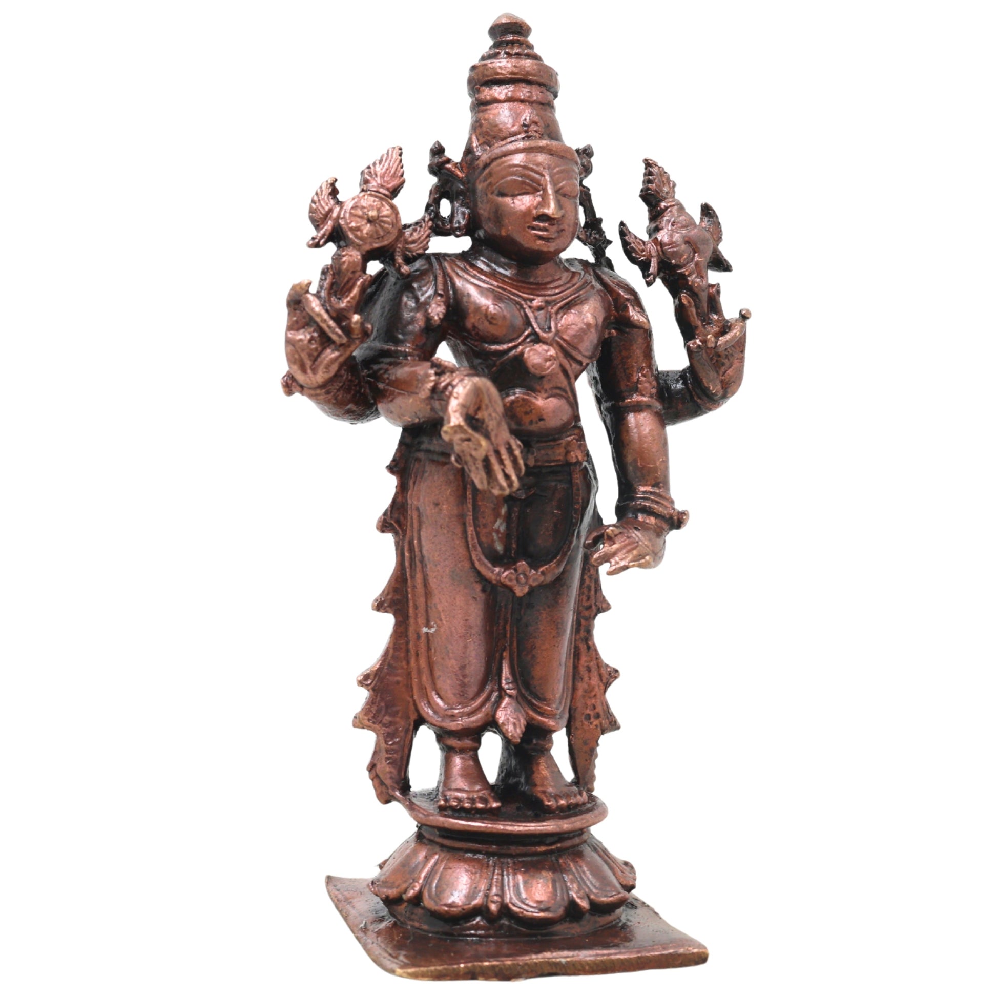 Copper Vishnu Idol Handcrafted Sri Vishnu Murti Narayana Perumal Statue for Pooja, Temple, Vastu &amp; Spiritual Home Decor, Brown, 4 Inch, 1 Piece