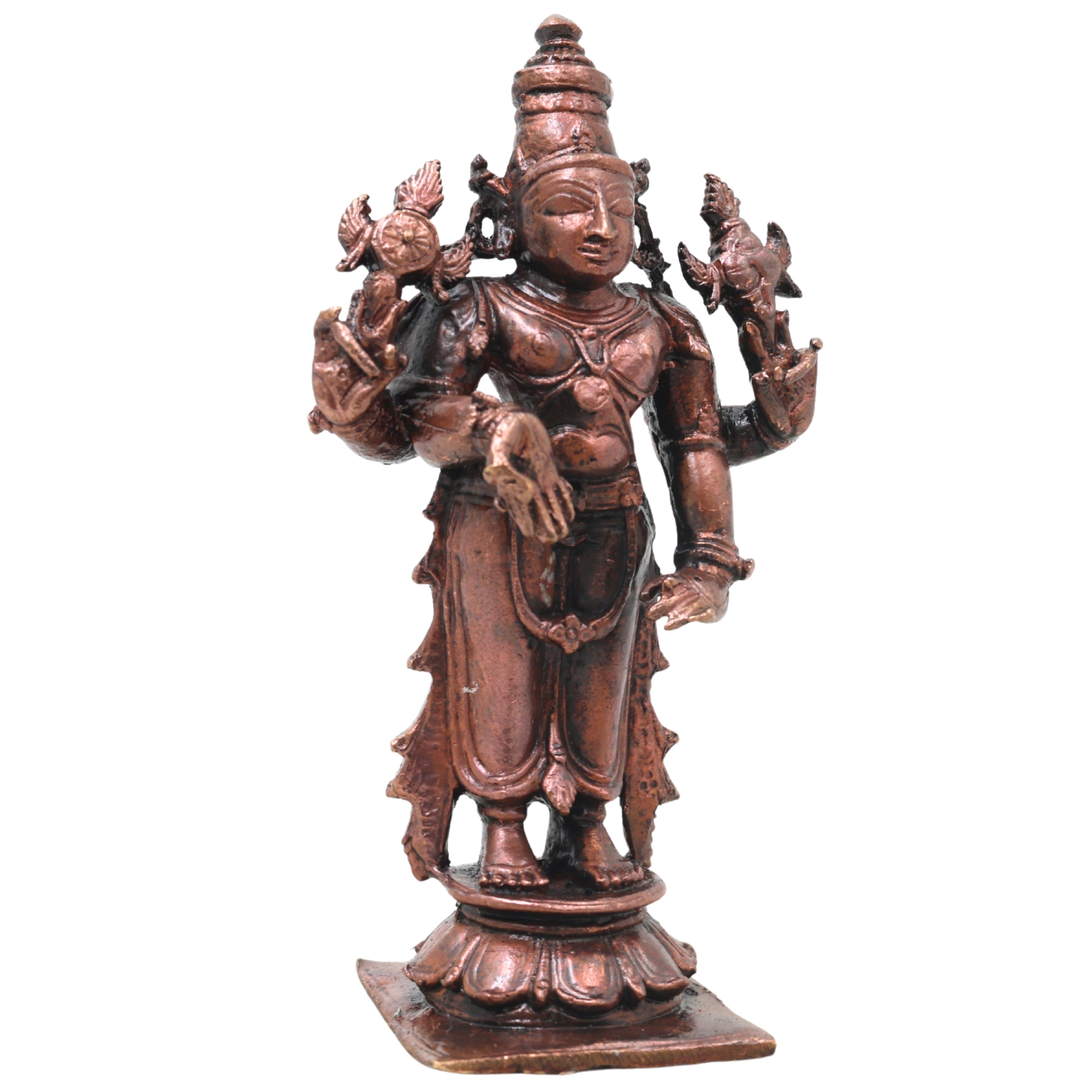 Copper Vishnu Idol Handcrafted Sri Vishnu Murti Narayana Perumal Statue for Pooja, Temple, Vastu &amp; Spiritual Home Decor, Brown, 4 Inch, 1 Piece