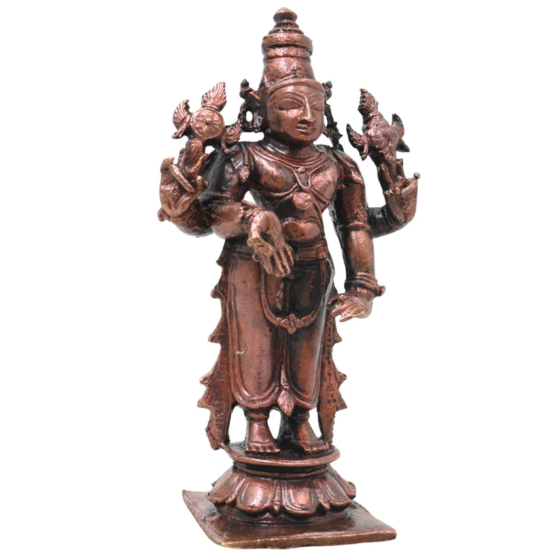 Copper Vishnu Idol Handcrafted Sri Vishnu Murti Narayana Perumal Statue for Pooja, Temple, Vastu &amp; Spiritual Home Decor, Brown, 4 Inch, 1 Piece