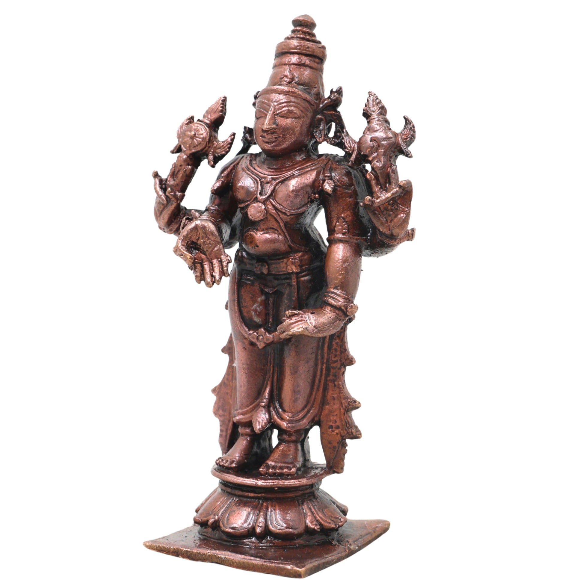 Copper Vishnu Idol Handcrafted Sri Vishnu Murti Narayana Perumal Statue for Pooja, Temple, Vastu &amp; Spiritual Home Decor, Brown, 4 Inch, 1 Piece