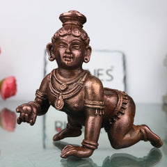 Copper Laddu Krishna Idol Handcrafted Bala Gopala Govinda Murti Traditional Chola Pooja Decor Gift, Brown, 2.5 Inch, 1 Piece