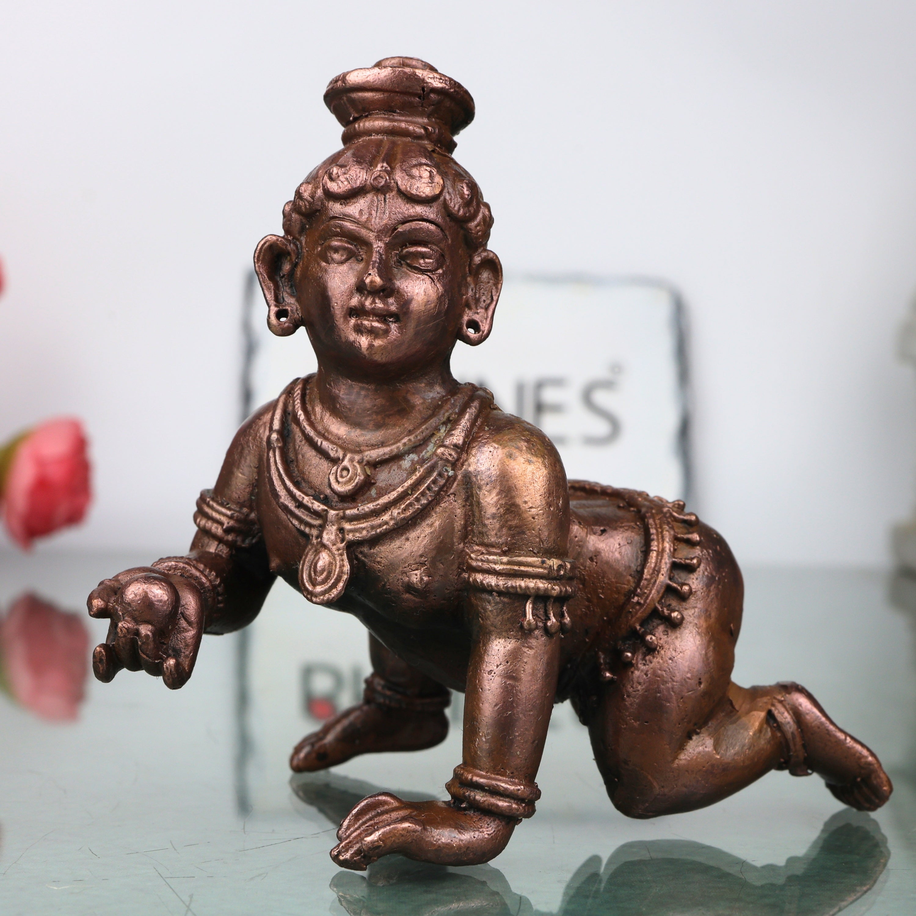 Copper Laddu Krishna Idol Handcrafted Bala Gopala Govinda Murti Traditional Chola Pooja Decor Gift, Brown, 2.5 Inch, 1 Piece