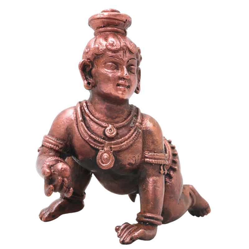 Copper Laddu Krishna Idol Handcrafted Bala Gopala Govinda Murti Traditional Chola Pooja Decor Gift, Brown, 2.5 Inch, 1 Piece