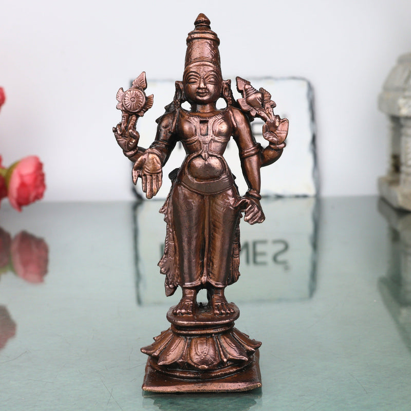 Copper Vishnu Narayana Idol Handcrafted Traditional Murti for Pooja Home Decor Temple Gifting, Brown, 5 Inch, 1 Piece
