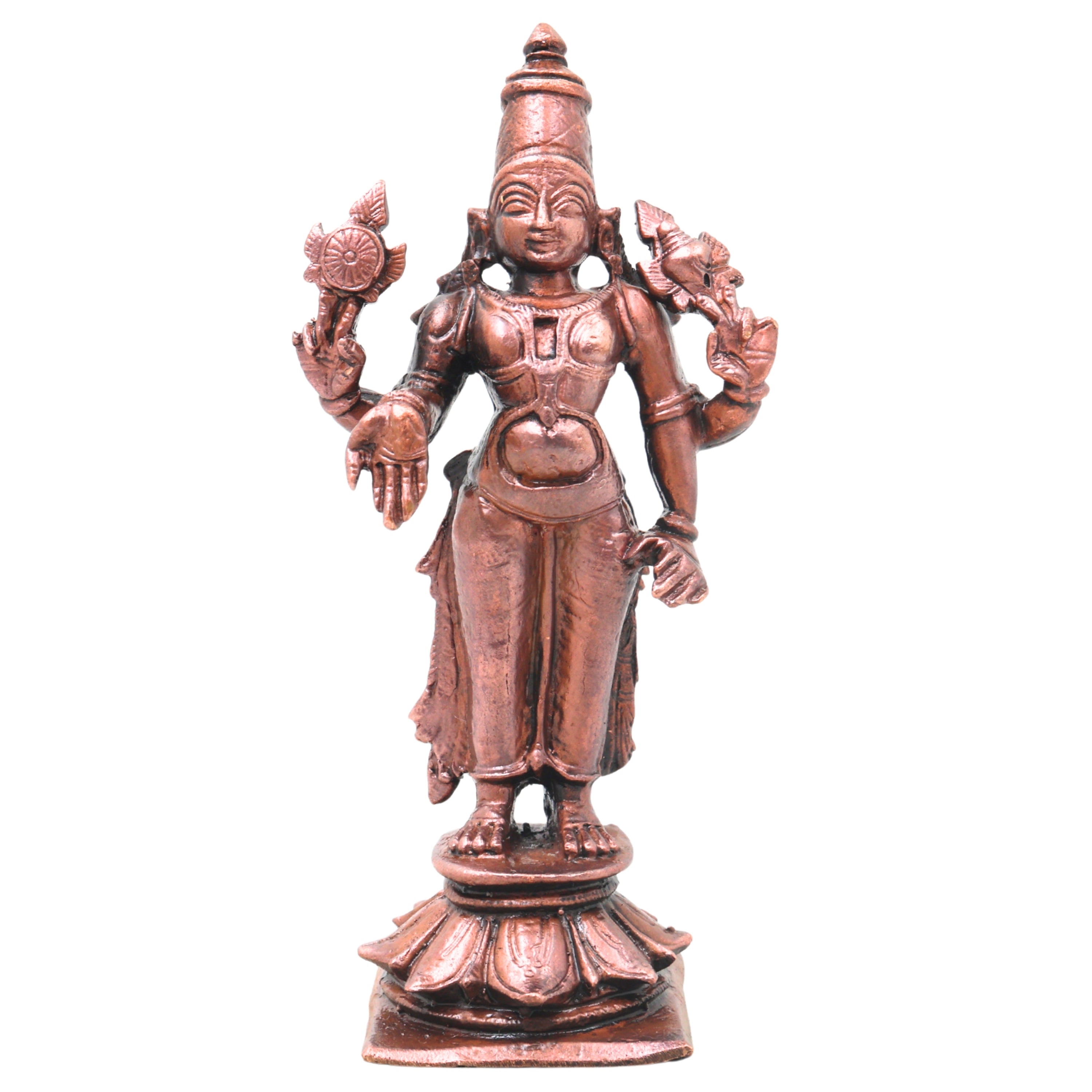 Copper Vishnu Narayana Idol Handcrafted Traditional Murti for Pooja Home Decor Temple Gifting, Brown, 5 Inch, 1 Piece