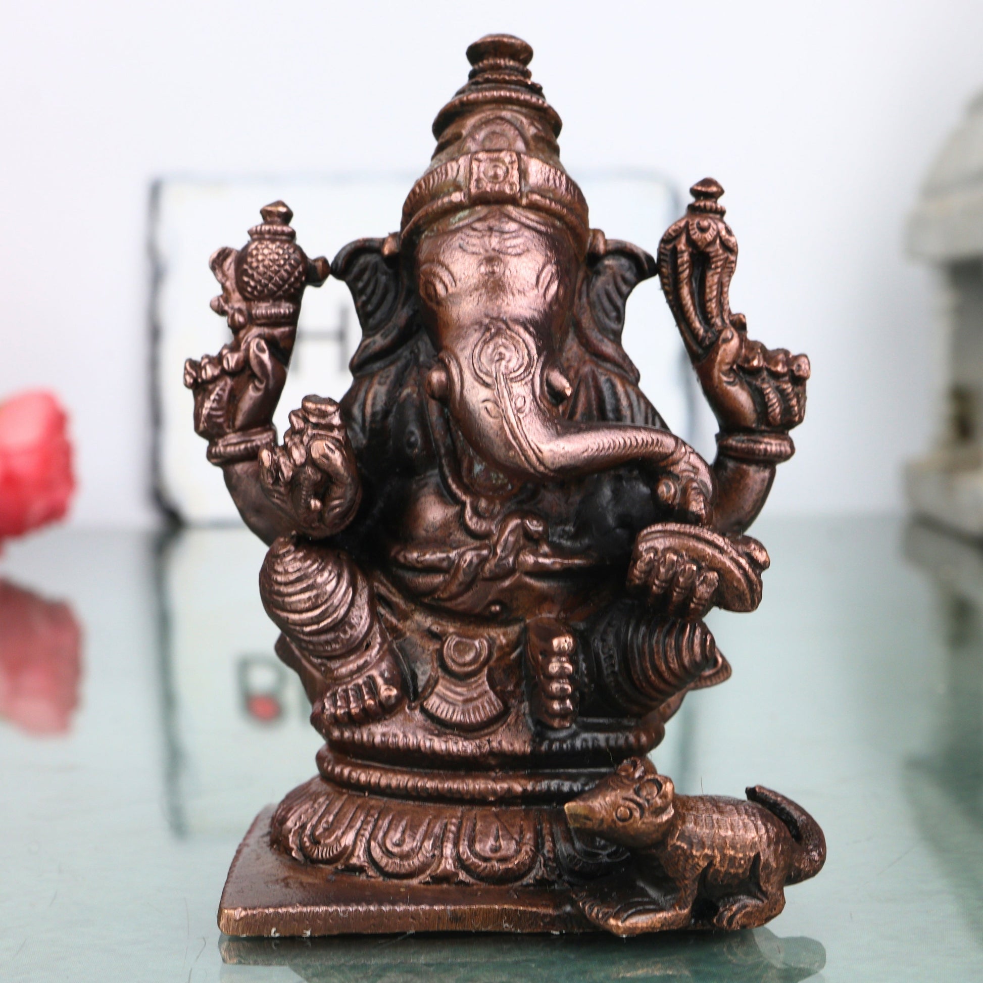 Copper Ganesha Ganapati Handcrafted Vinayaka Idol Traditional Chola Murti for Pooja Home Decor & Gifting, Brown, 3.5 Inch, 1 Piece