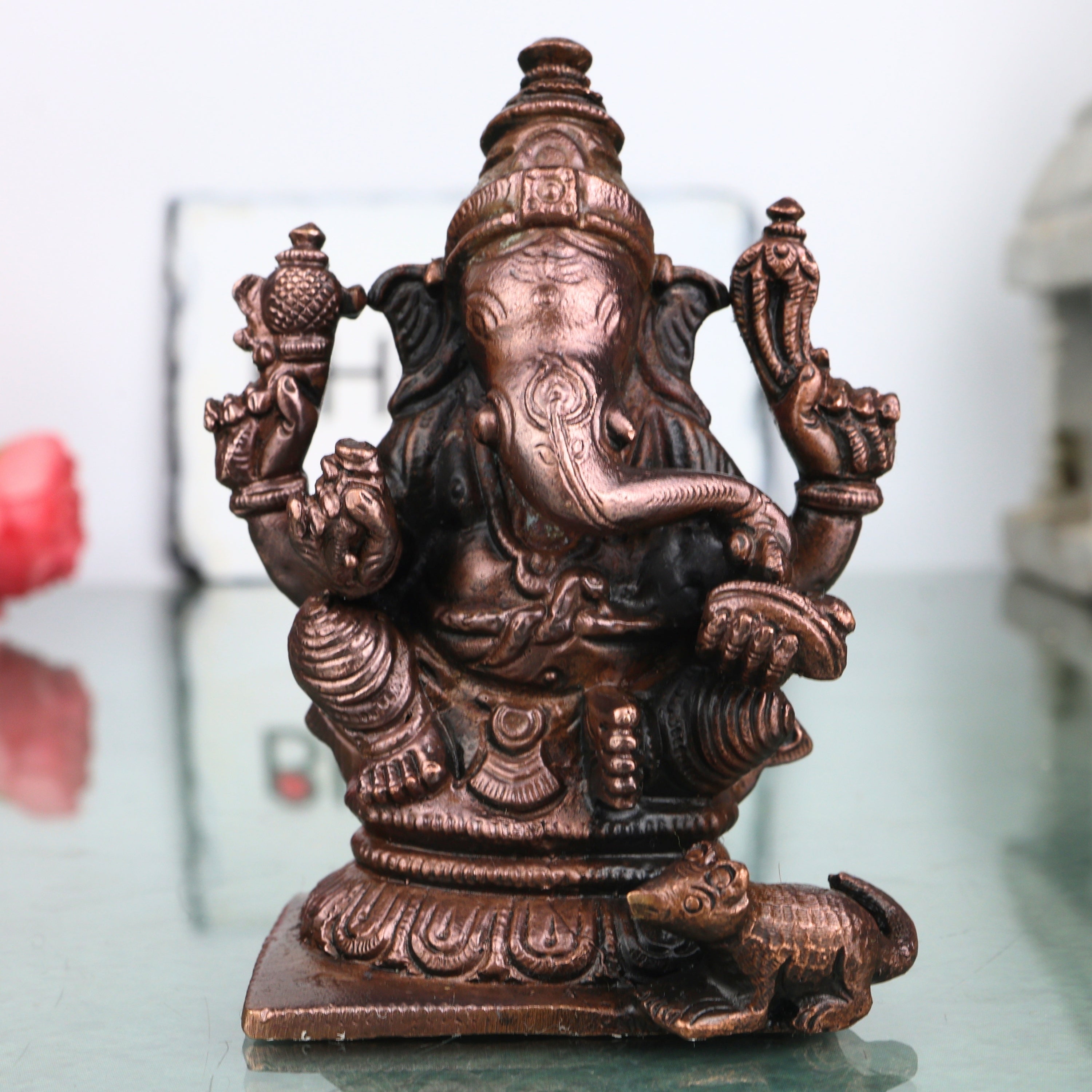 Copper Ganesha Ganapati Handcrafted Vinayaka Idol Traditional Chola Murti for Pooja Home Decor & Gifting, Brown, 3.5 Inch, 1 Piece