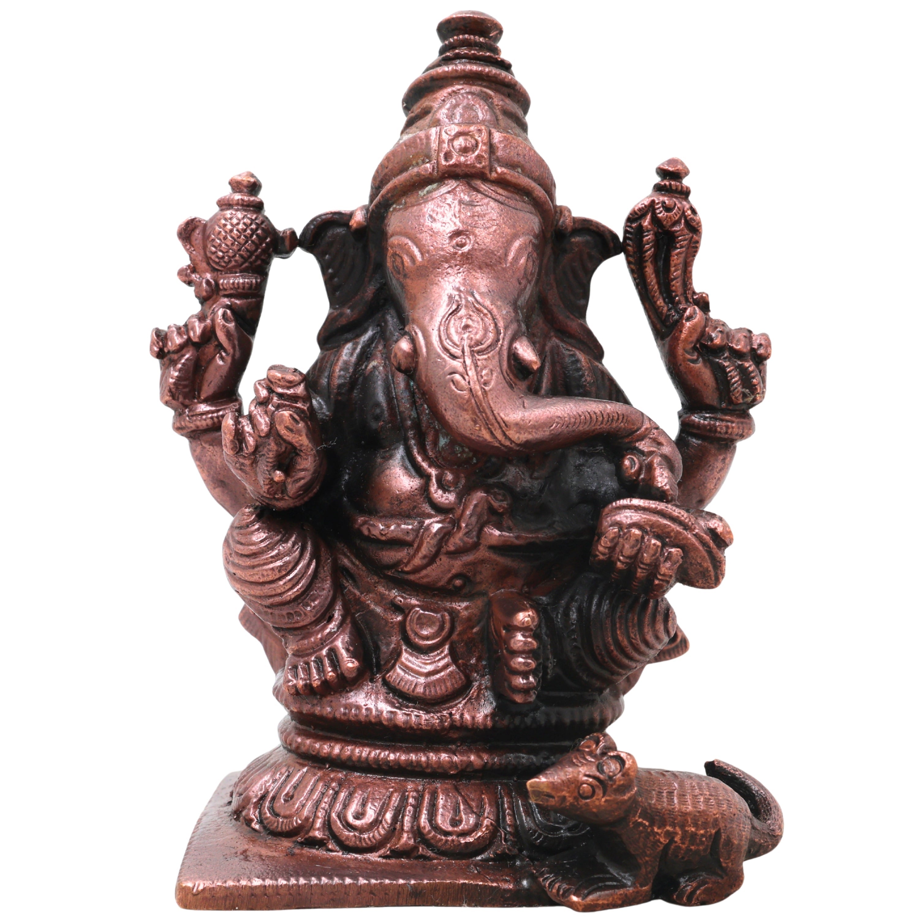 Copper Ganesha Ganapati Handcrafted Vinayaka Idol Traditional Chola Murti for Pooja Home Decor & Gifting, Brown, 3.5 Inch, 1 Piece
