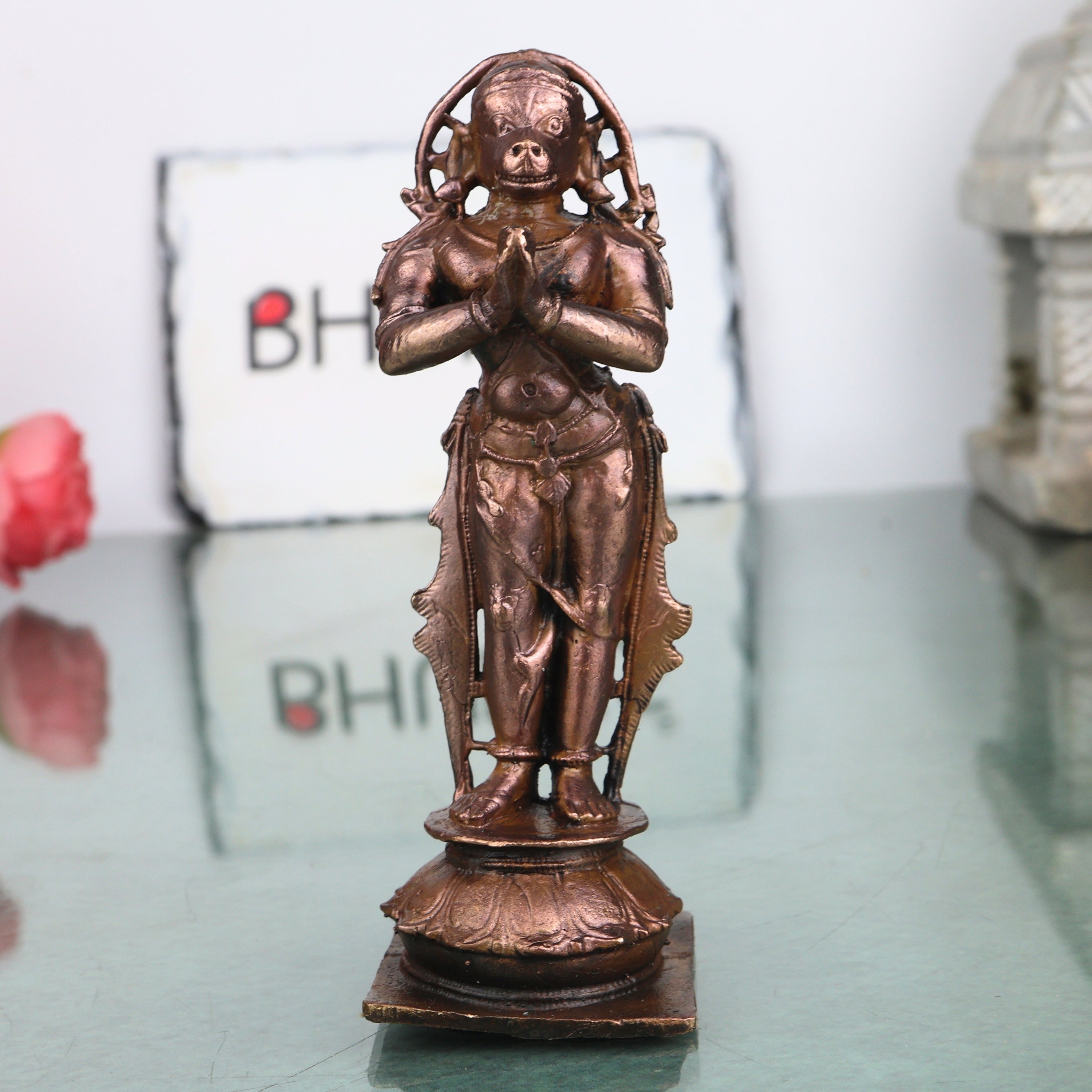 Copper Hanuman Idol Handcrafted Bajrangbali Anjaneya Murti for Pooja, Vastu, Home Decor & Gifting, Brown, 4 Inch, 1 Piece