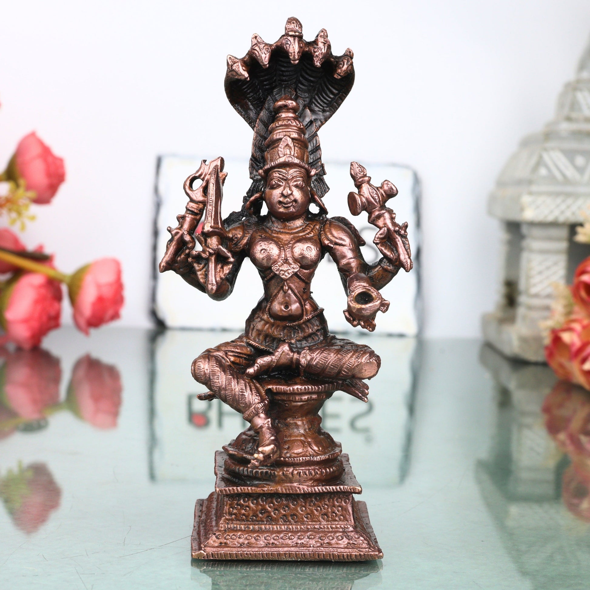 Copper Mariamman Idol with Nag Aura Handcrafted Traditional Amman Devi Murti for Pooja, Home Decor & Gifting, Brown, 5 Inch, 1 Piece