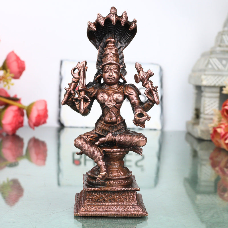 Copper Mariamman Idol with Nag Aura Handcrafted Traditional Amman Devi Murti for Pooja, Home Decor & Gifting, Brown, 5 Inch, 1 Piece