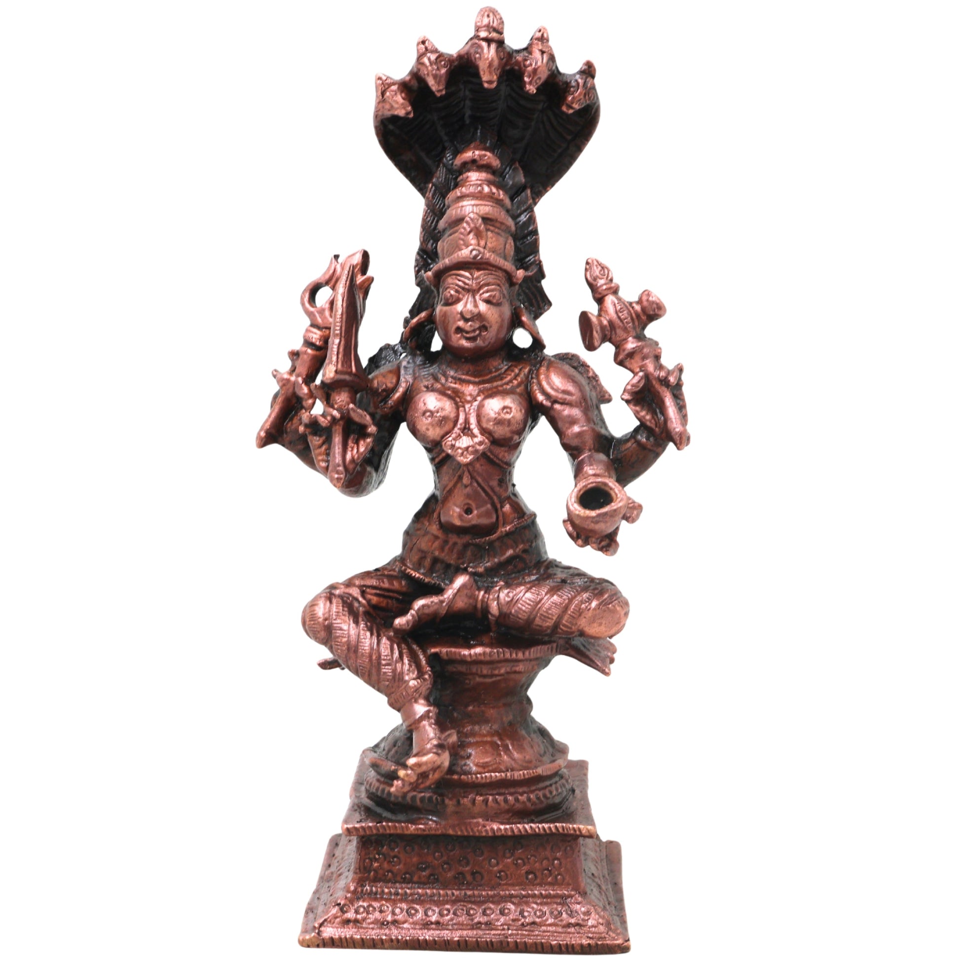 Copper Mariamman Idol with Nag Aura Handcrafted Traditional Amman Devi Murti for Pooja, Home Decor & Gifting, Brown, 5 Inch, 1 Piece