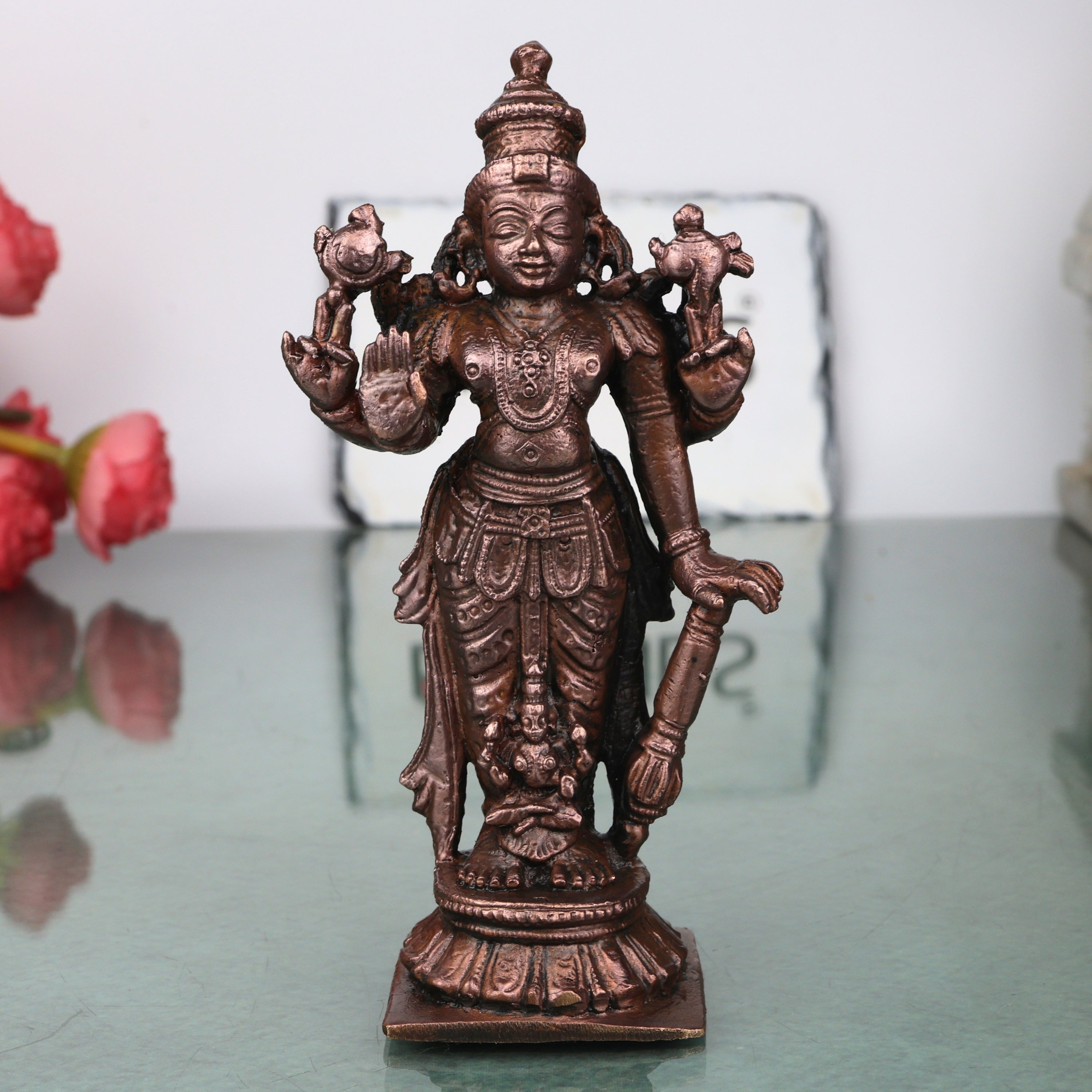 Copper Lakshmi Idol Handcrafted Murti Mahalakshmi Traditional Chola Style Statue for Pooja, Home Decor & Gifting, Brown, 5 Inch, 1 Piece