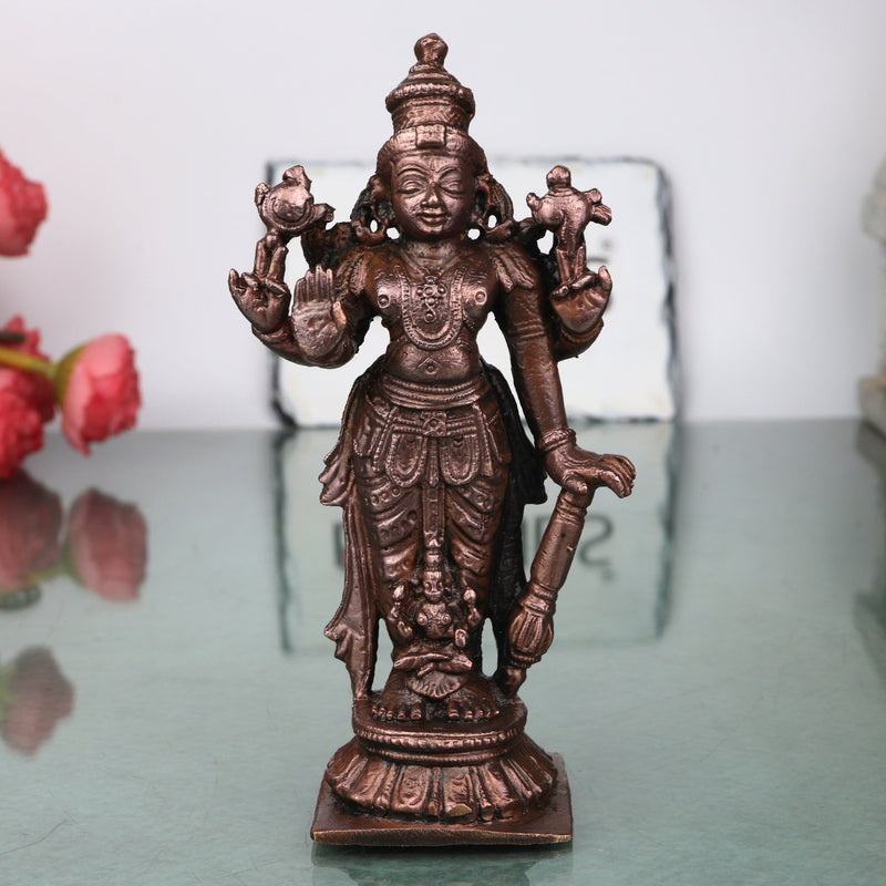 Copper Lakshmi Idol Handcrafted Murti Mahalakshmi Traditional Chola Style Statue for Pooja, Home Decor & Gifting, Brown, 5 Inch, 1 Piece