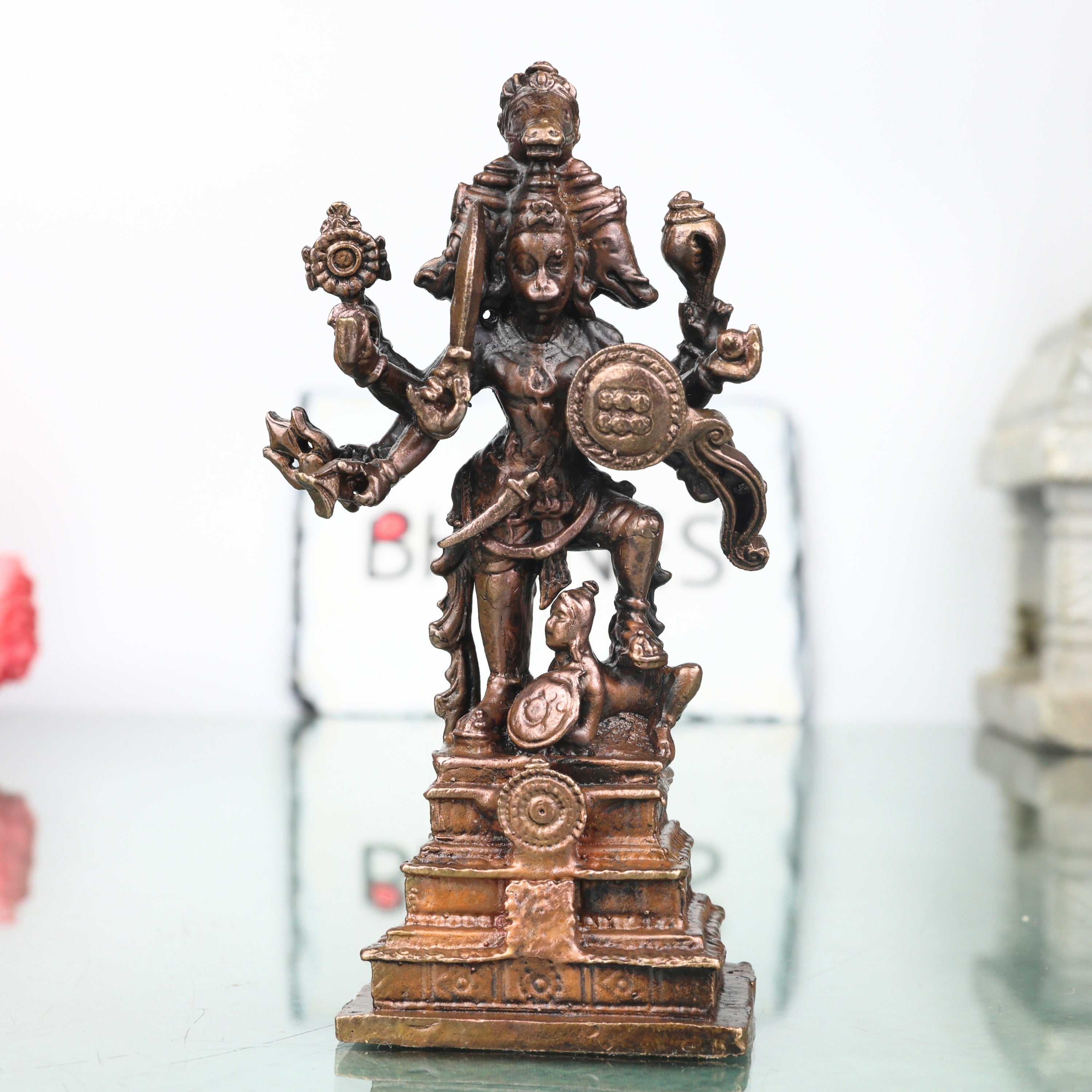 Copper Panchamukhi Veera Hanuman Idol Handcrafted Traditional Chola Anjaneya Murti for Pooja Decor & Gifting, Brown, 4 Inch, 1 Piece