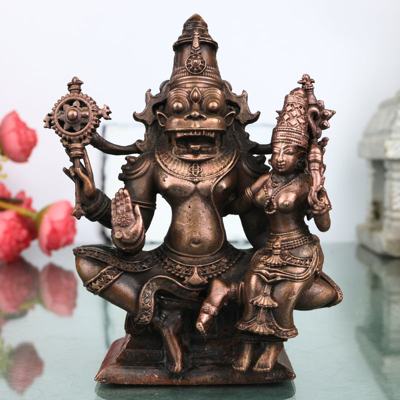 Copper Lakshmi Narasimha Idol Handcrafted Narahari Swamy Traditional Chola Murti for Pooja, Decor & Gifting, Brown, 5 Inch, 1 Piece