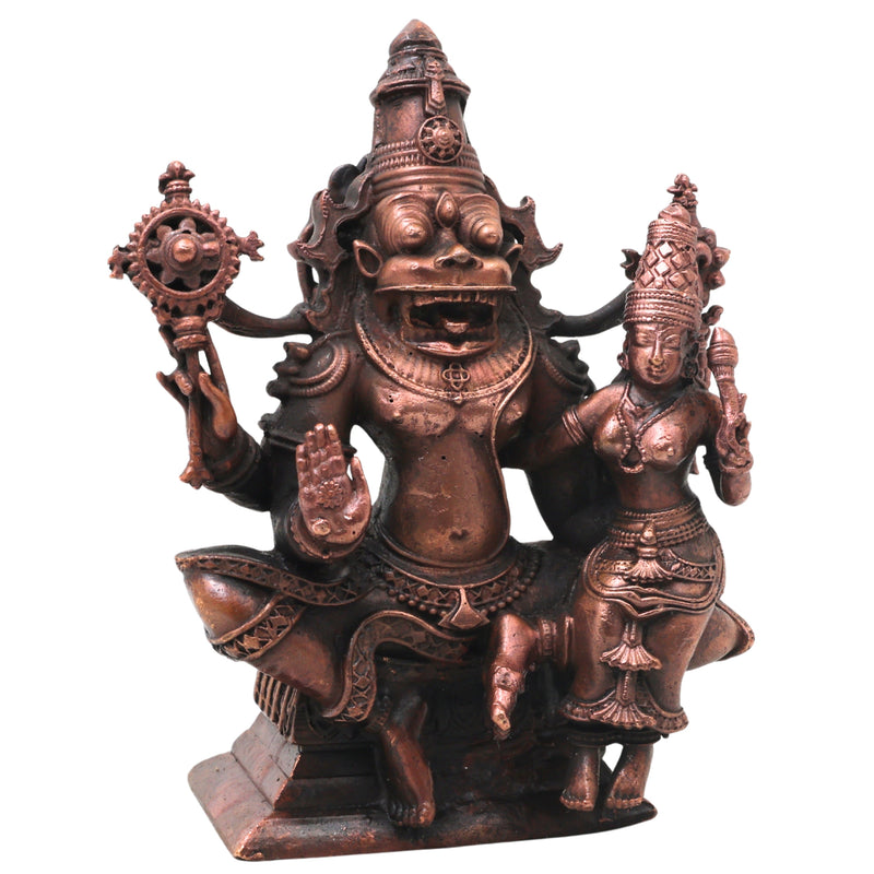 Copper Lakshmi Narasimha Idol Handcrafted Narahari Swamy Traditional Chola Murti for Pooja, Decor & Gifting, Brown, 5 Inch, 1 Piece