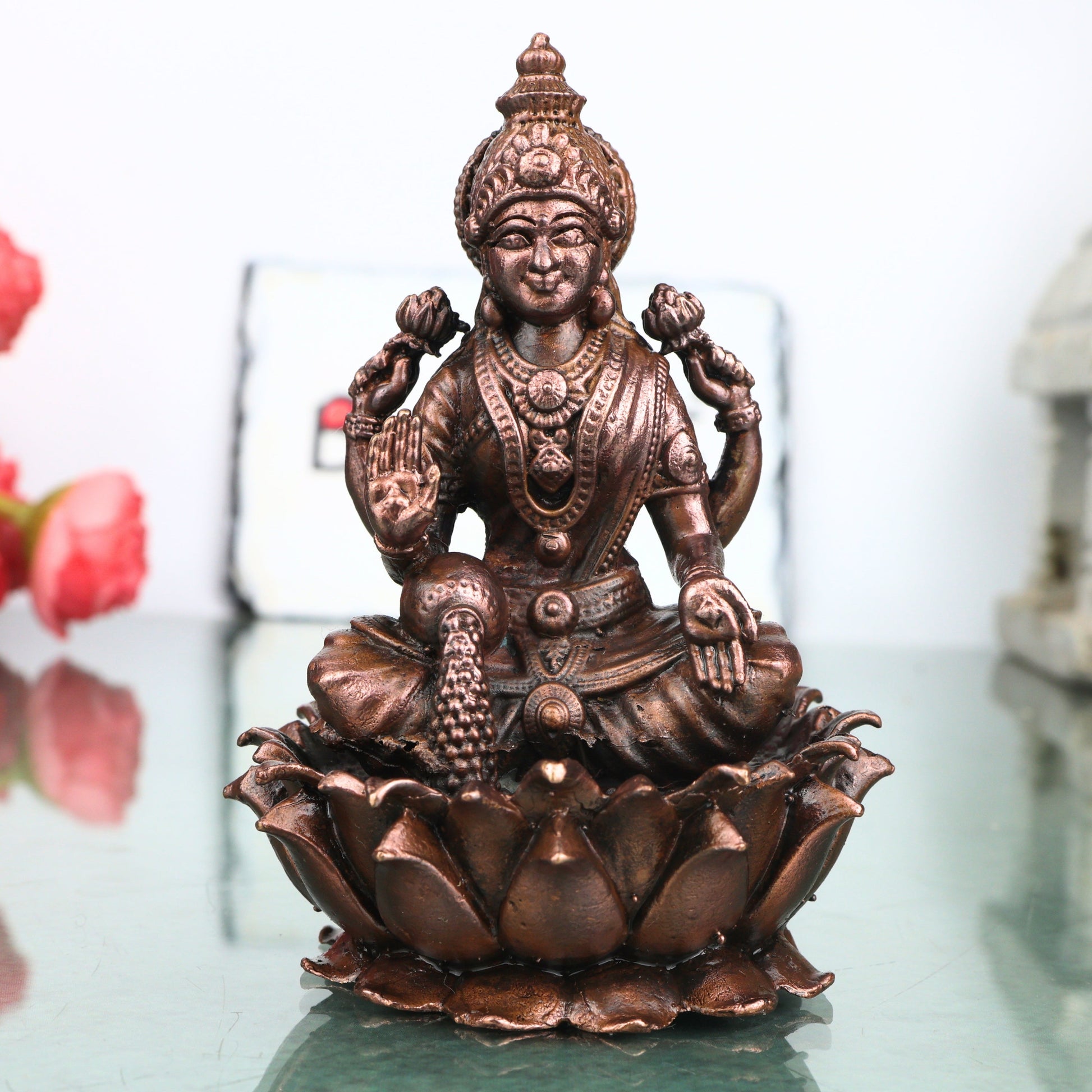 Copper Mahalakshmi Idol Handcrafted Murti Traditional Chola Lakshmi Devi Statue for Pooja, Home Decor & Gifting, Brown, 4.5 Inch, 1 Piece