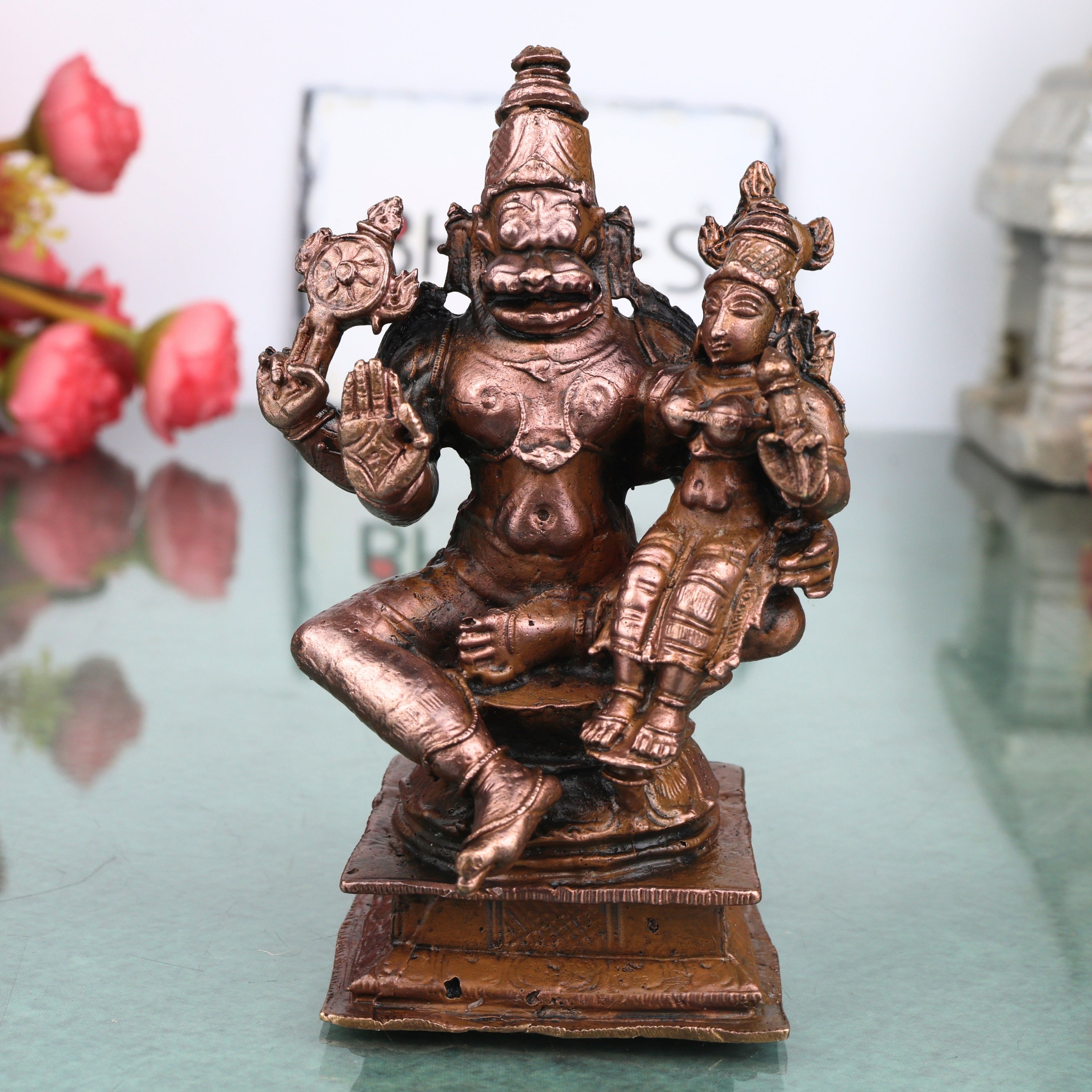 Copper Lakshmi Narasimha Idol, Sri Narahari Murti Traditional Chola Pooja Home Decor Gift, Brown, 4.5 Inch, 1 Piece