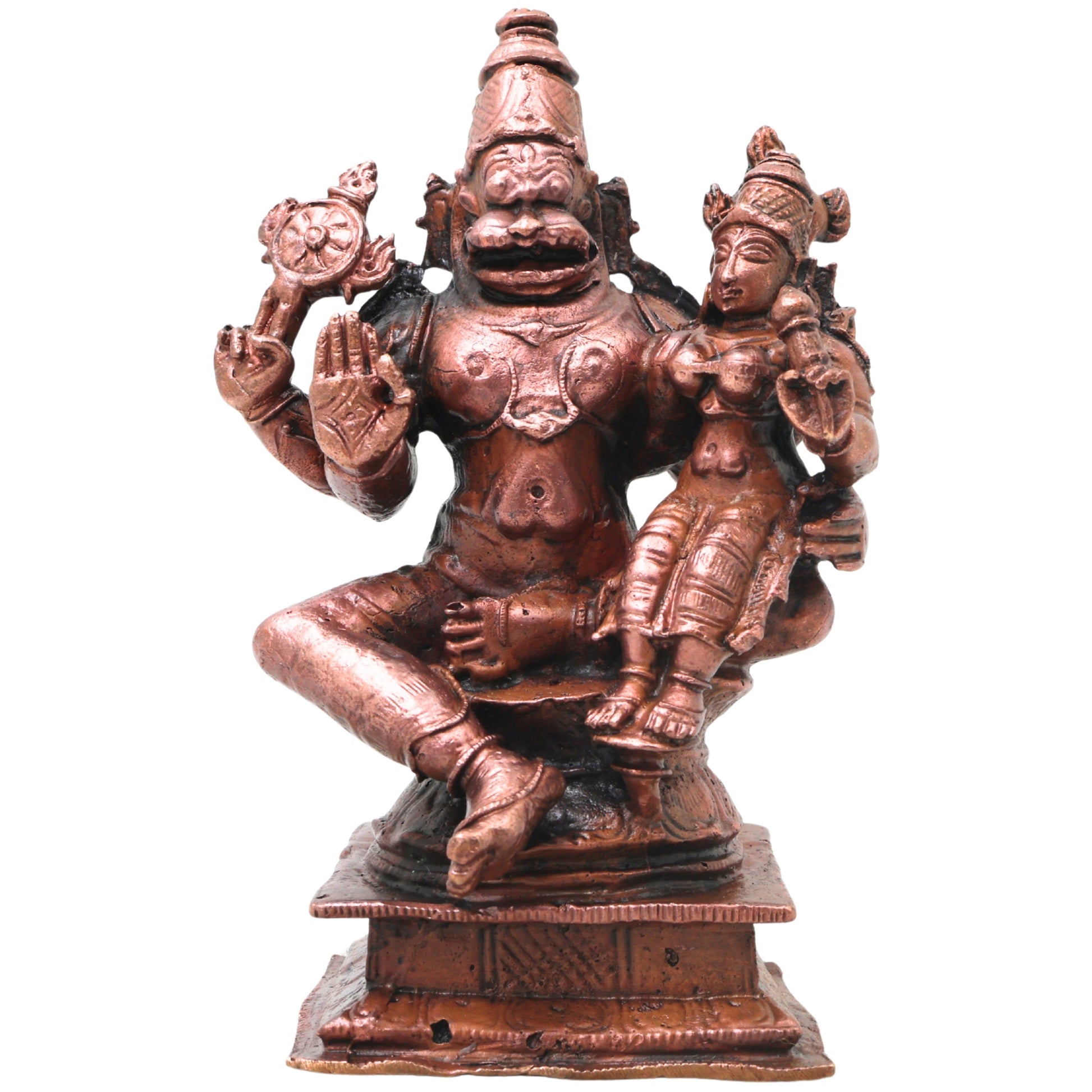 Copper Lakshmi Narasimha Idol, Sri Narahari Murti Traditional Chola Pooja Home Decor Gift, Brown, 4.5 Inch, 1 Piece