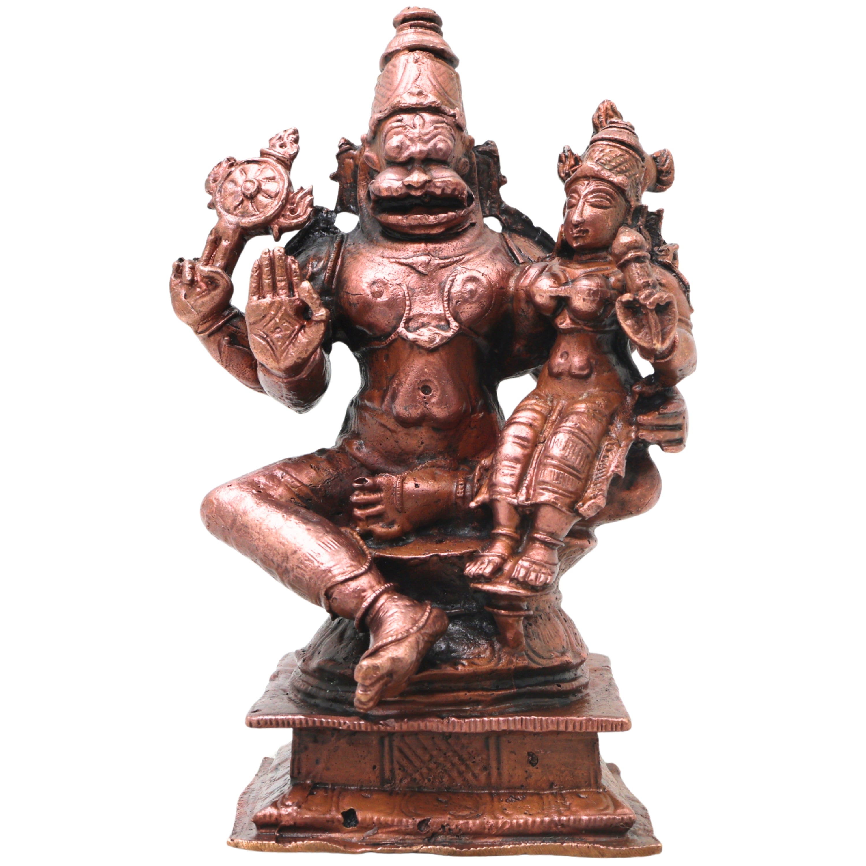 Copper Lakshmi Narasimha Idol, Sri Narahari Murti Traditional Chola Pooja Home Decor Gift, Brown, 4.5 Inch, 1 Piece