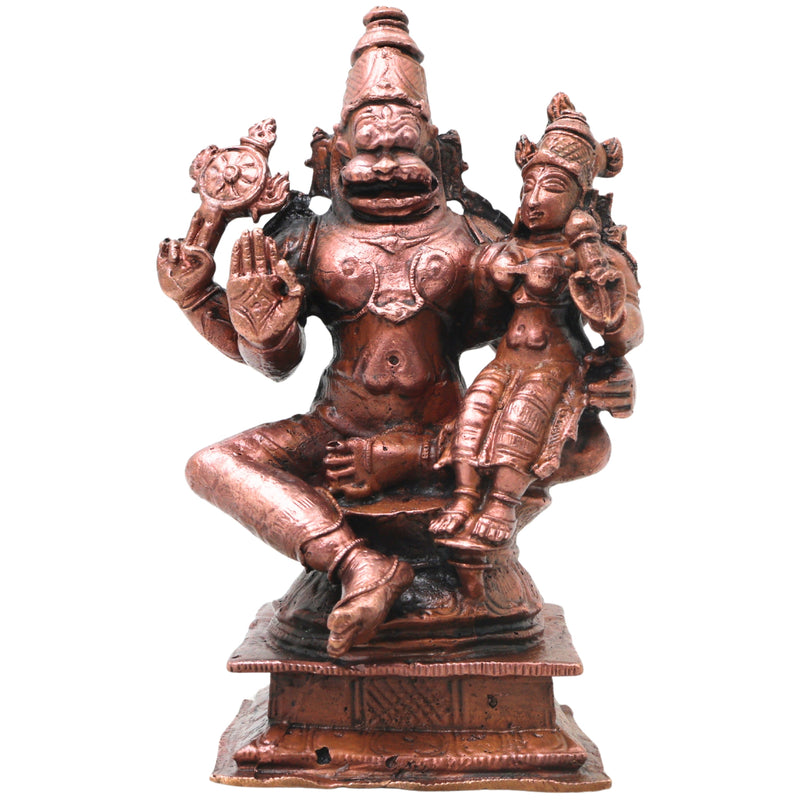 Copper Lakshmi Narasimha Idol, Sri Narahari Murti Traditional Chola Pooja Home Decor Gift, Brown, 4.5 Inch, 1 Piece
