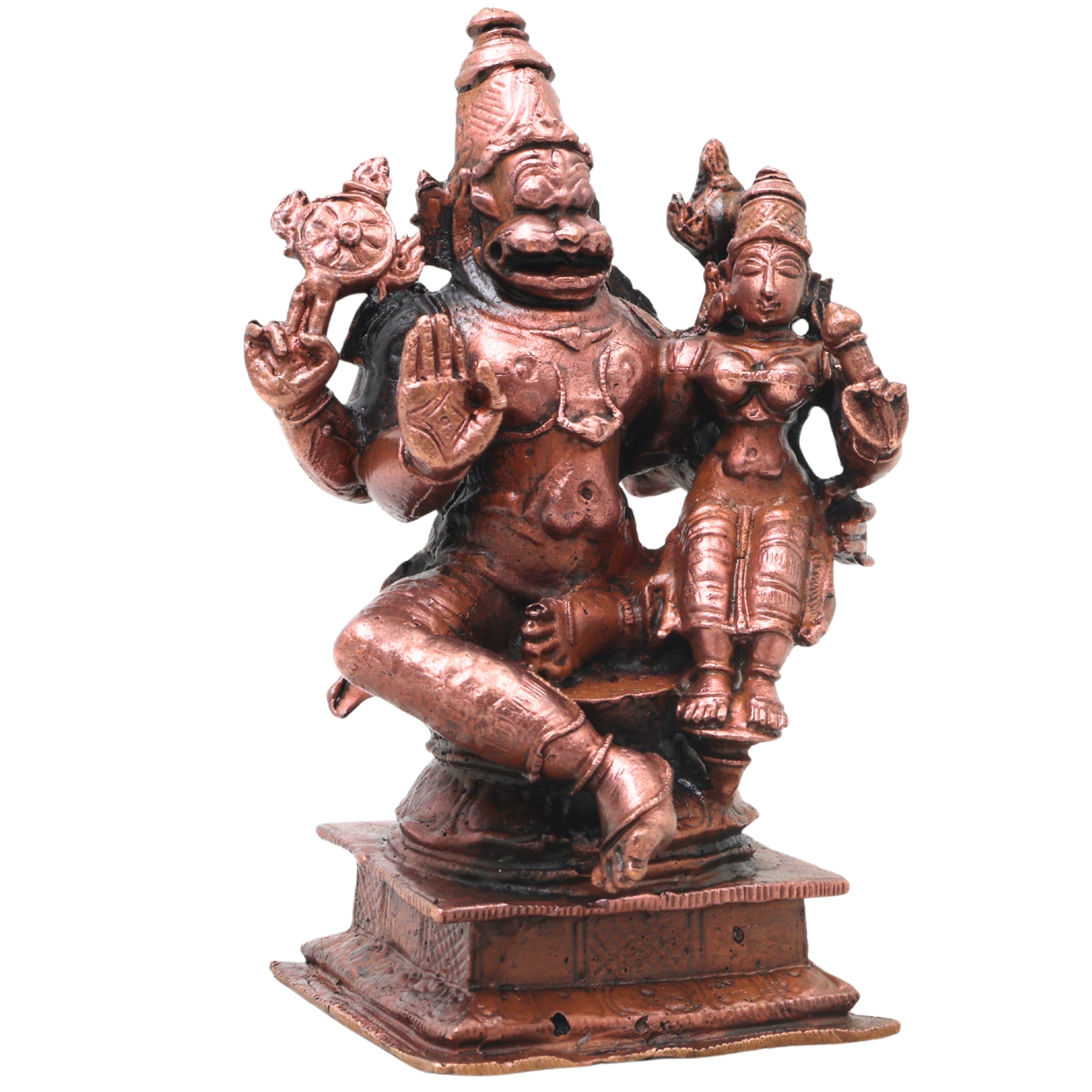 Copper Lakshmi Narasimha Idol, Sri Narahari Murti Traditional Chola Pooja Home Decor Gift, Brown, 4.5 Inch, 1 Piece
