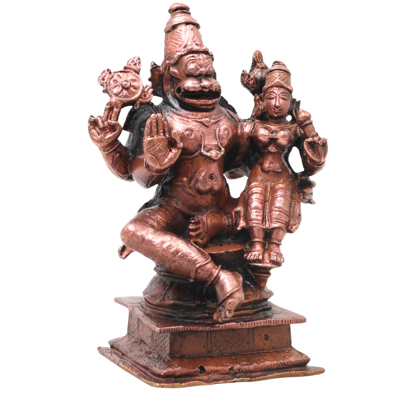 Copper Lakshmi Narasimha Idol, Sri Narahari Murti Traditional Chola Pooja Home Decor Gift, Brown, 4.5 Inch, 1 Piece