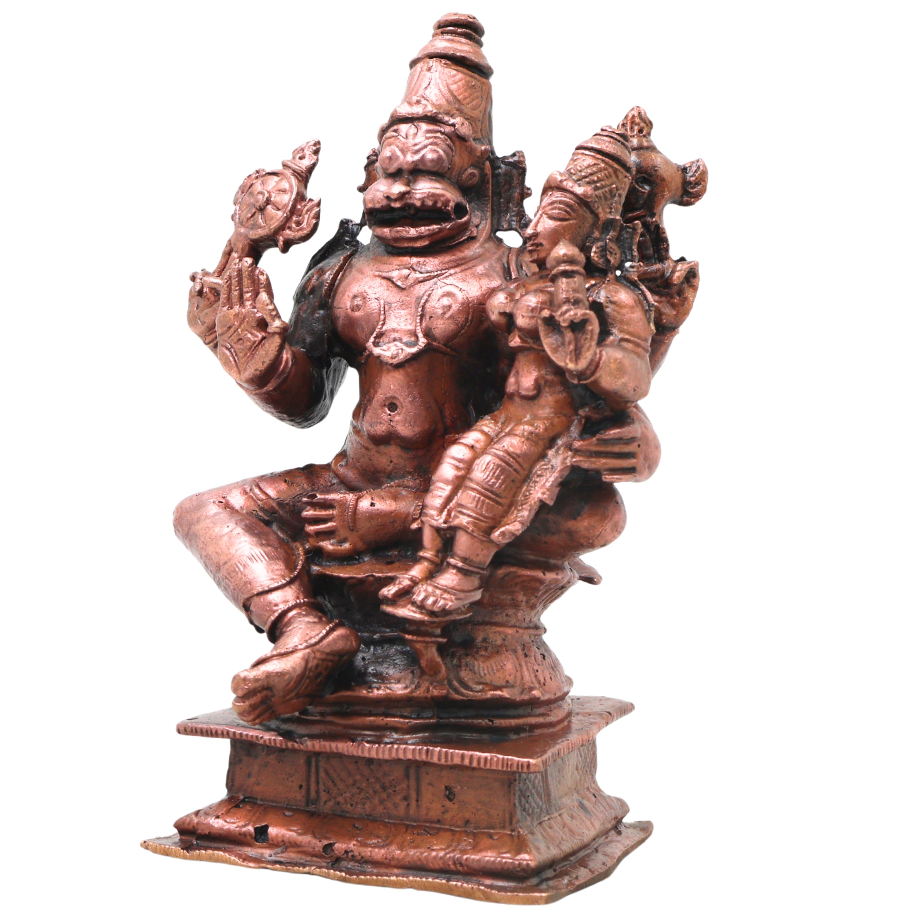 Copper Lakshmi Narasimha Idol, Sri Narahari Murti Traditional Chola Pooja Home Decor Gift, Brown, 4.5 Inch, 1 Piece