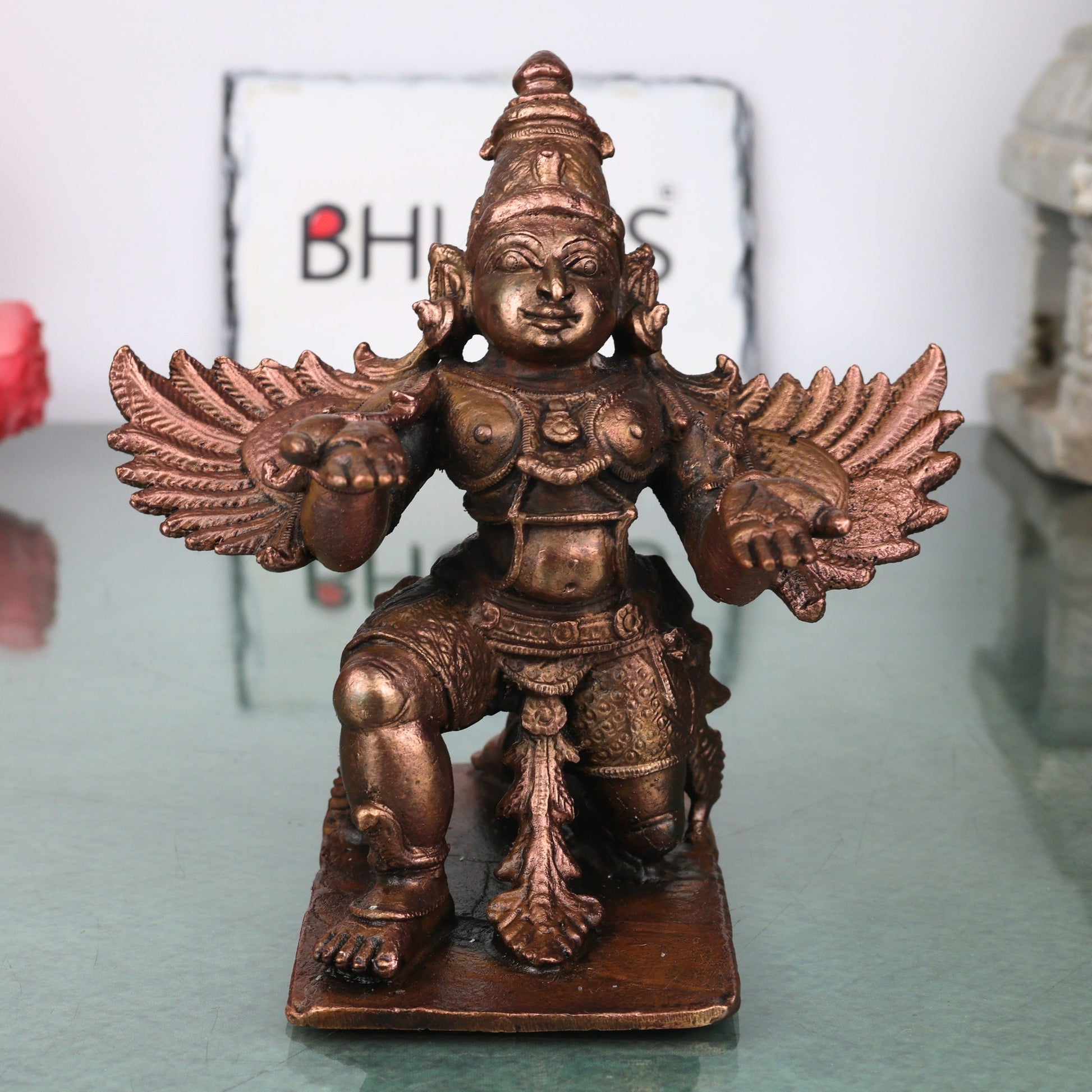 Copper Garuda Idol Handcrafted Vainateya Vishnu Vahana Traditional Chola Murti for Pooja Home Decor & Gifting, Brown, 4.5 Inch, 1 Piece