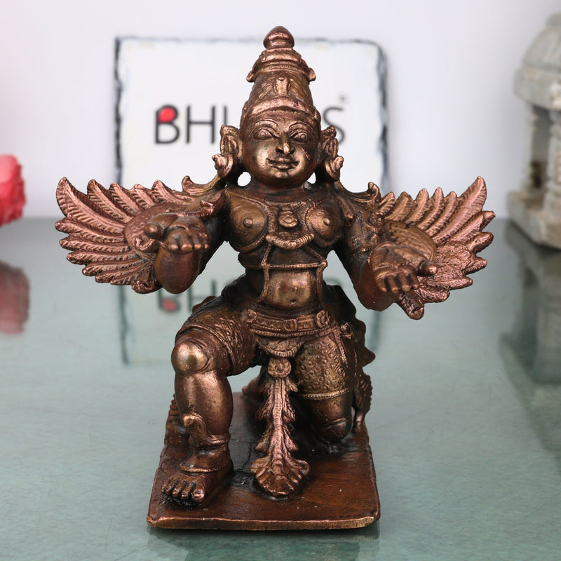 Copper Garuda Idol Handcrafted Vainateya Vishnu Vahana Traditional Chola Murti for Pooja Home Decor & Gifting, Brown, 4.5 Inch, 1 Piece