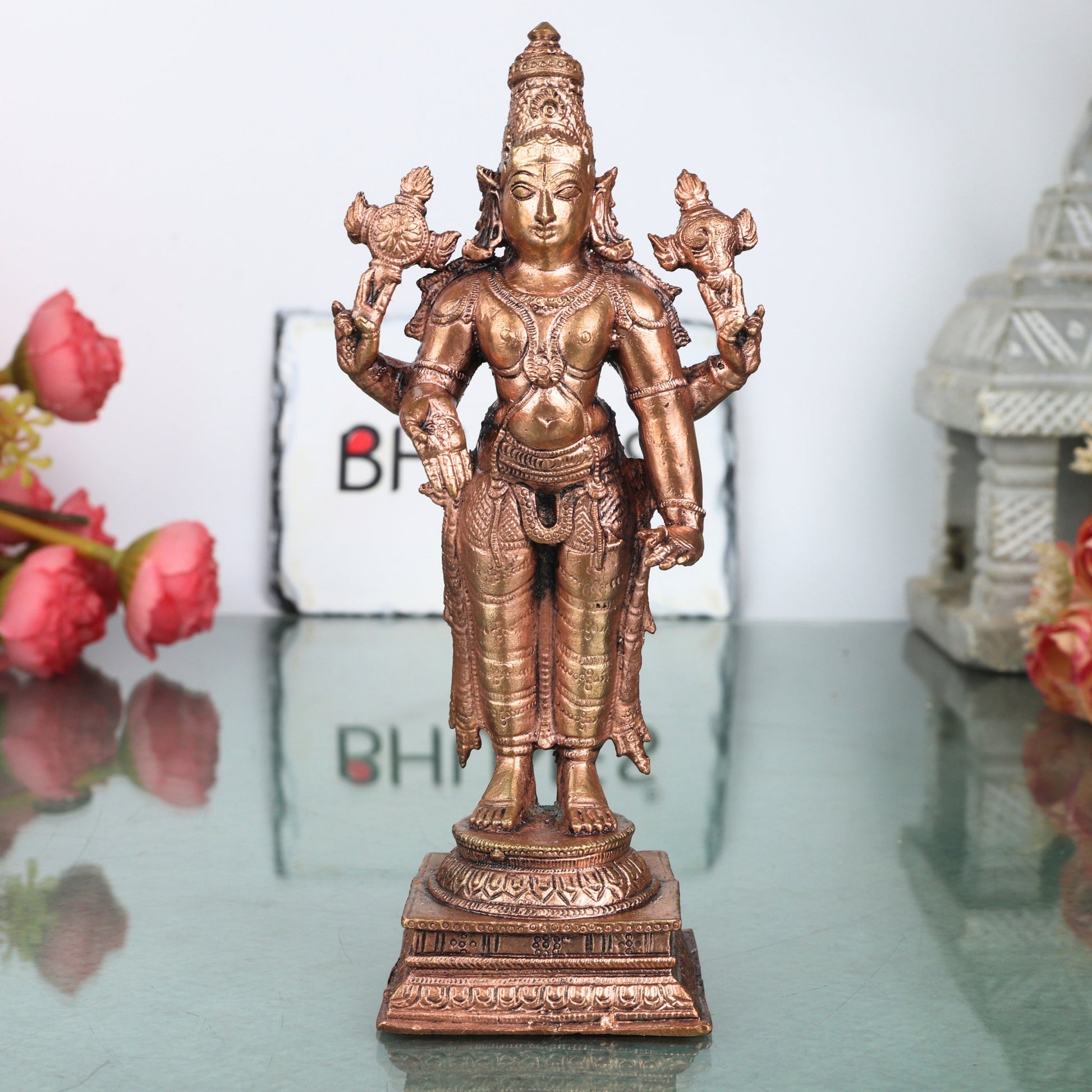Copper Vishnu Narayana Idol Handcrafted Traditional Murti for Pooja Home Decor Temple Gifting, Brown, 6.5 Inch, 1 Piece