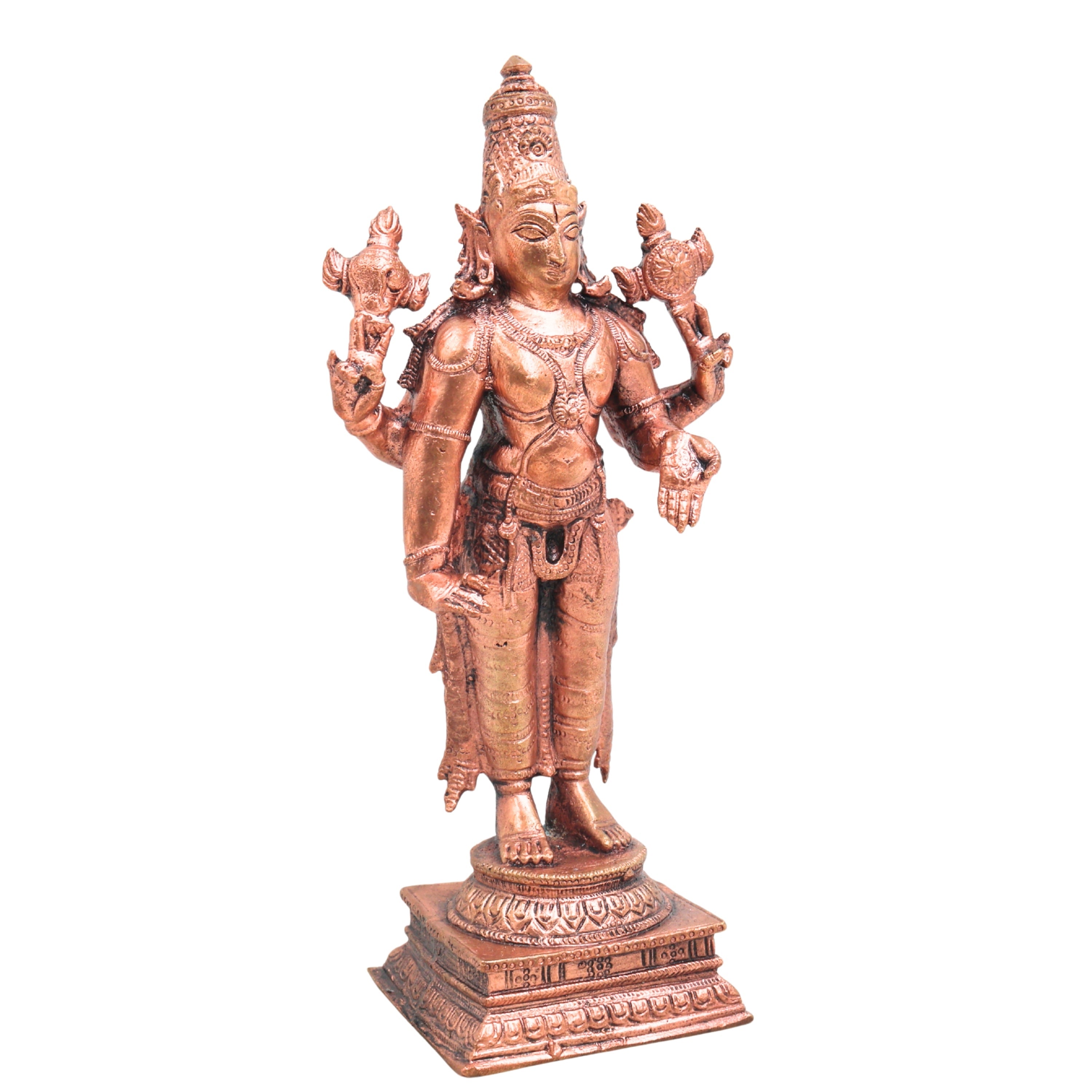 Copper Vishnu Narayana Idol Handcrafted Traditional Murti for Pooja Home Decor Temple Gifting, Brown, 6.5 Inch, 1 Piece