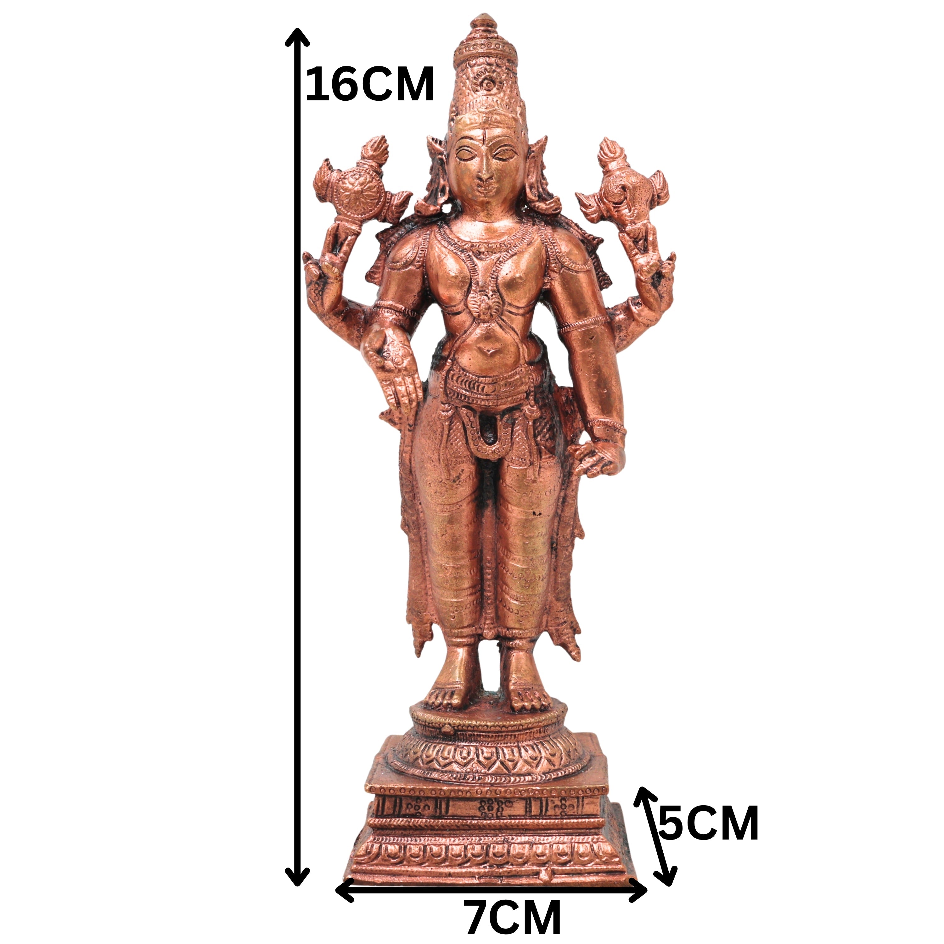 Copper Vishnu Narayana Idol Handcrafted Traditional Murti for Pooja Home Decor Temple Gifting, Brown, 6.5 Inch, 1 Piece