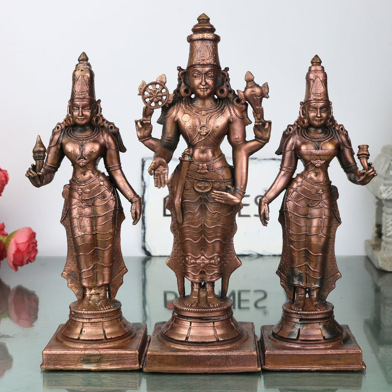 Copper Vishnu Shridevi Bhudevi Idol, Handcrafted Sriman Narayana Perumal Murti for Pooja, Decor & Gifting, Brown, 9 Inch, 1 Piece