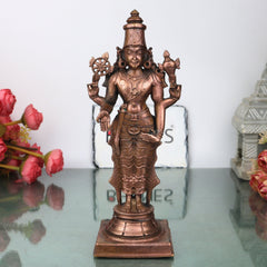 Copper Vishnu Idol Handcrafted Traditional Chola Style Narayana Murti for Pooja Home Decor & Gifting, Brown, 9 Inch, 1 Piece