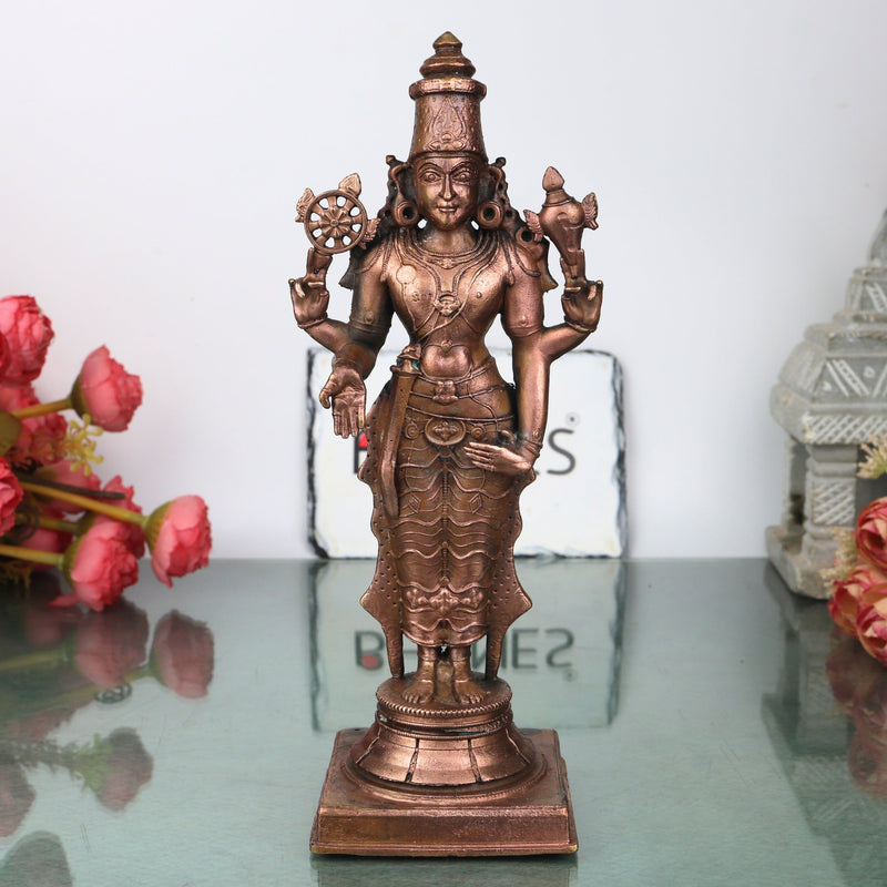 Copper Vishnu Idol Handcrafted Traditional Chola Style Narayana Murti for Pooja Home Decor & Gifting, Brown, 9 Inch, 1 Piece