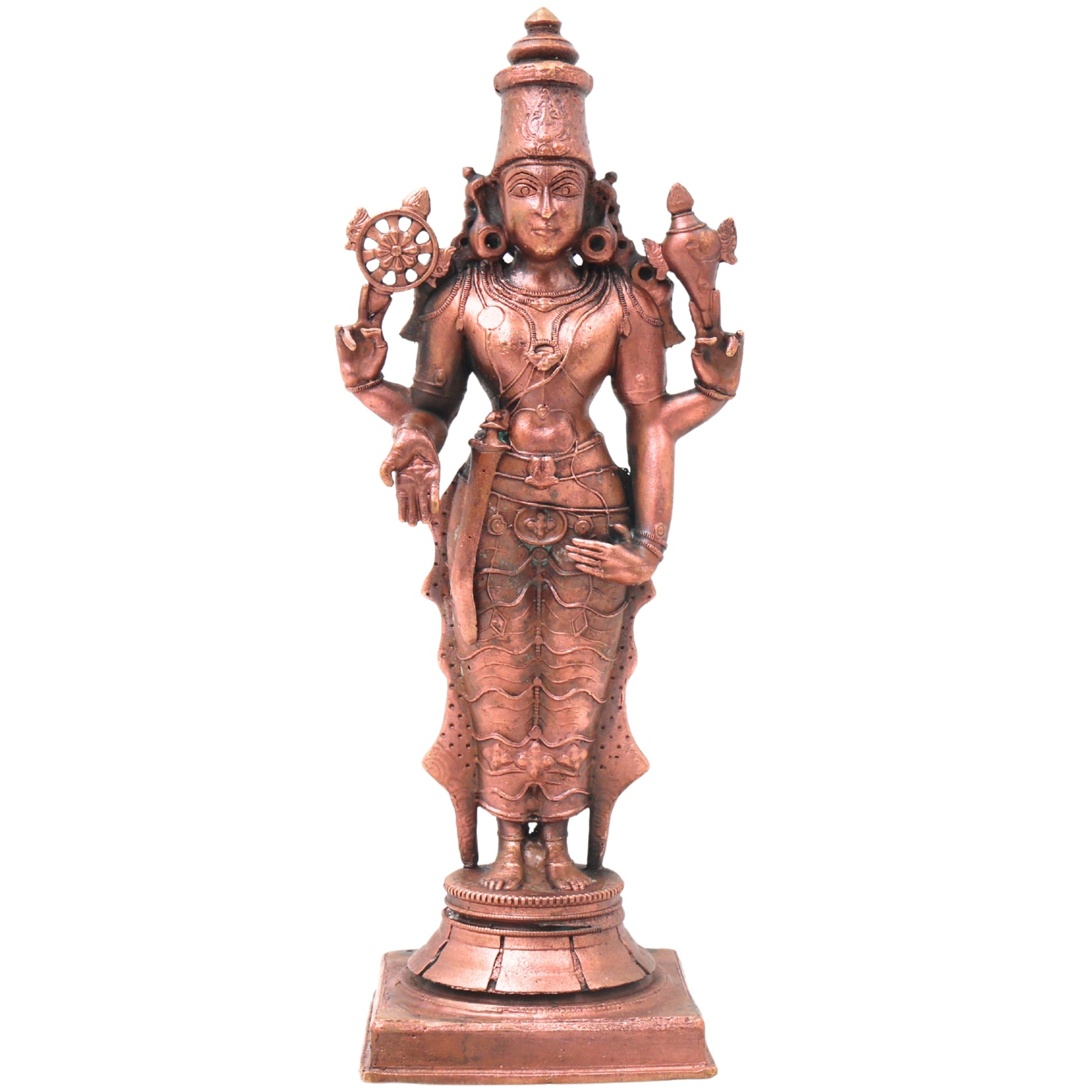 Copper Vishnu Idol Handcrafted Traditional Chola Style Narayana Murti for Pooja Home Decor & Gifting, Brown, 9 Inch, 1 Piece