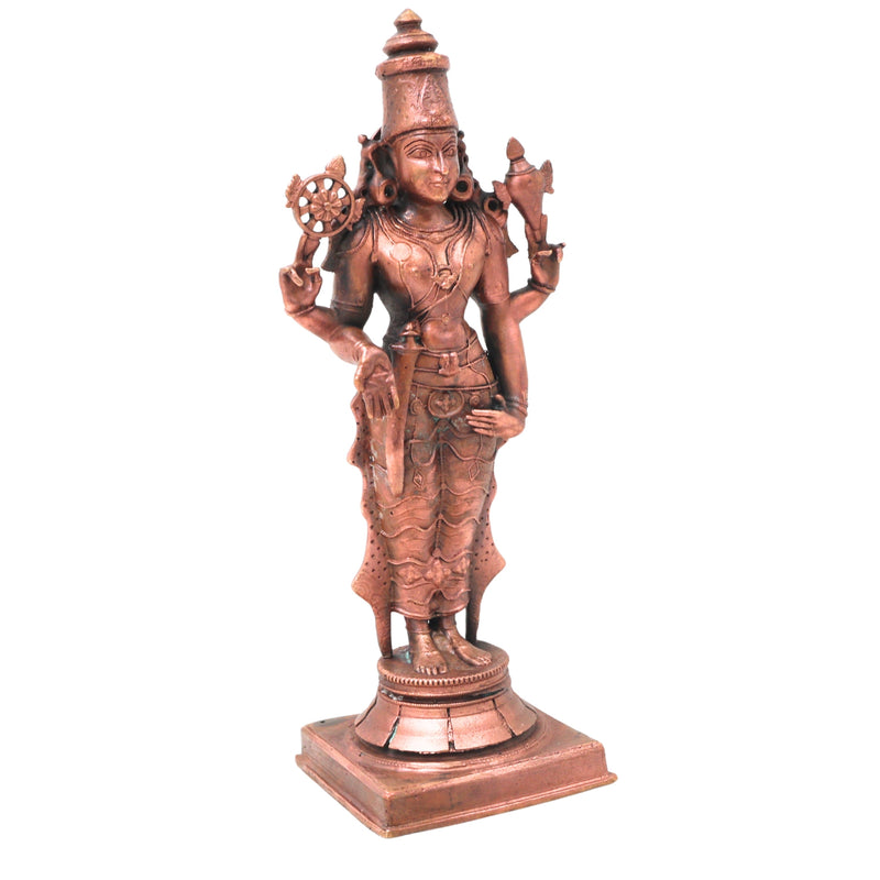 Copper Vishnu Idol Handcrafted Traditional Chola Style Narayana Murti for Pooja Home Decor & Gifting, Brown, 9 Inch, 1 Piece