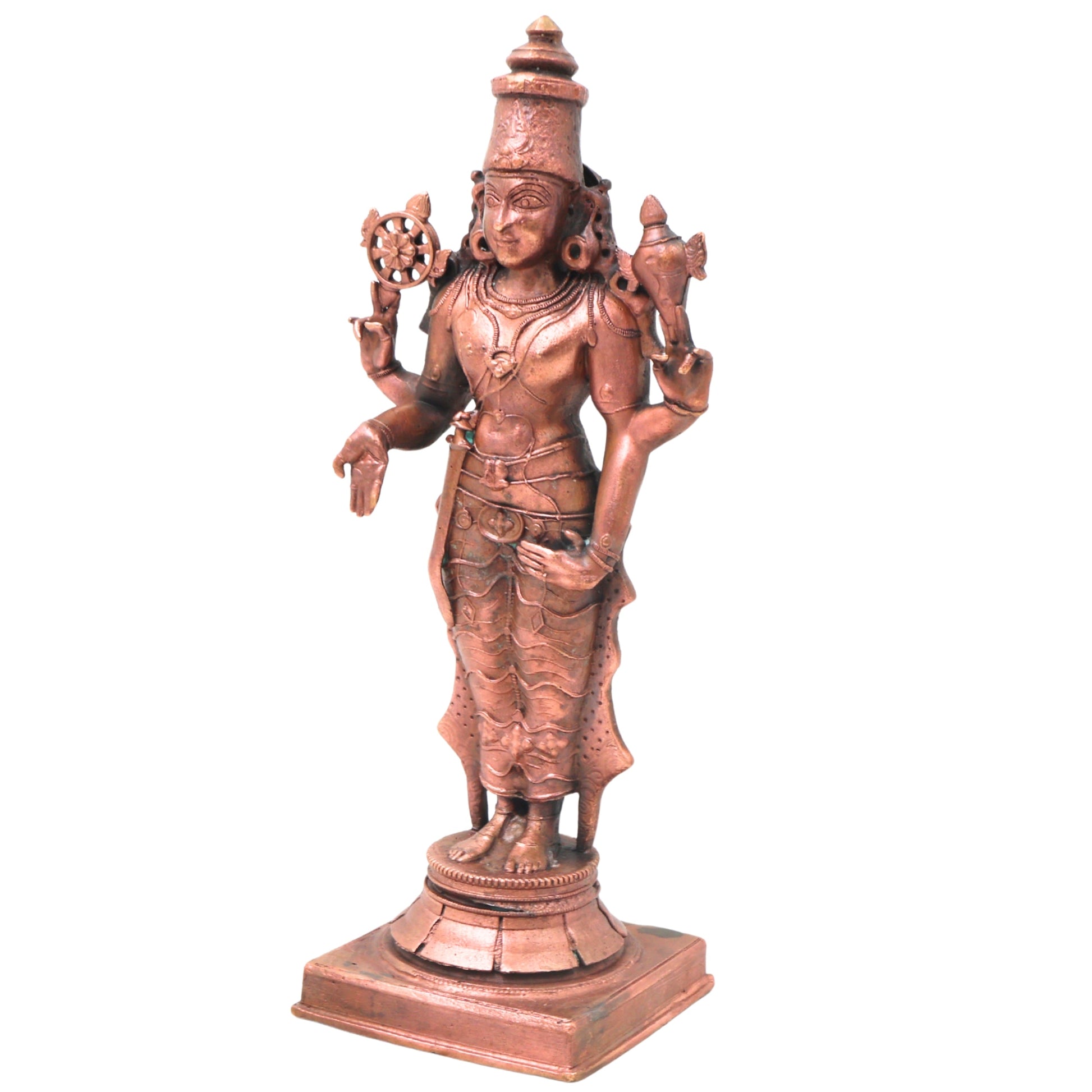 Copper Vishnu Idol Handcrafted Traditional Chola Style Narayana Murti for Pooja Home Decor & Gifting, Brown, 9 Inch, 1 Piece