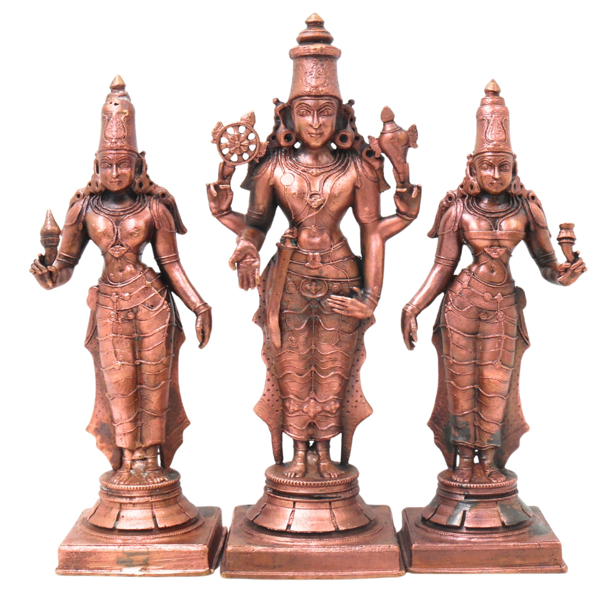 Copper Vishnu Shridevi Bhudevi Idol, Handcrafted Sriman Narayana Perumal Murti for Pooja, Decor & Gifting, Brown, 9 Inch, 1 Piece